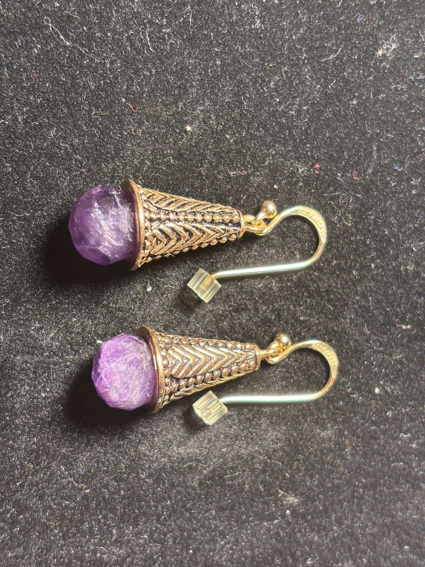 Floral Design Gold and Purple Cone Drop Earrings