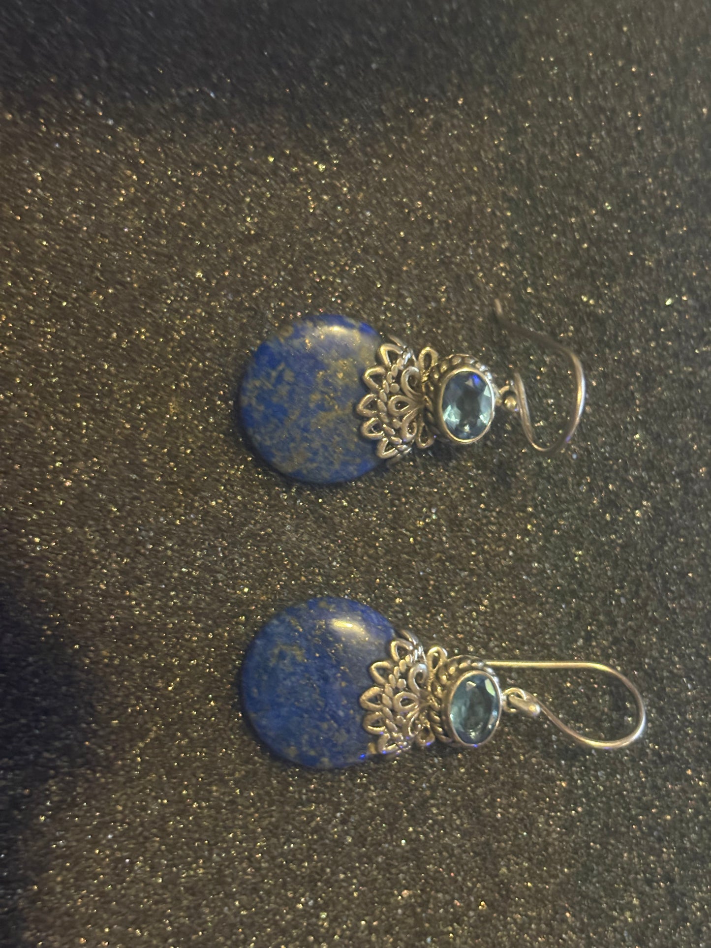 Vintage Sterling Silver 925 Round Blue Lapis Dangle Earrings