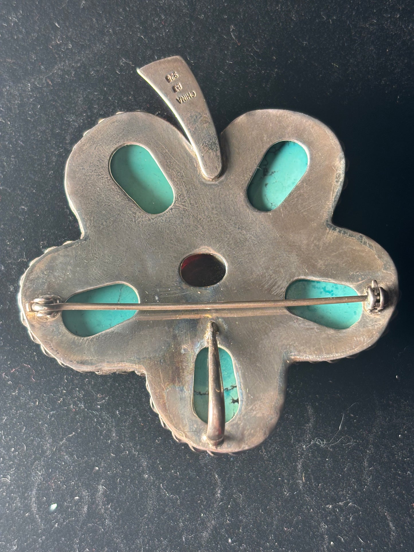 Natural Turquoise & Amber Sterling Silver 5-Leaf Clover Pendant/Pin