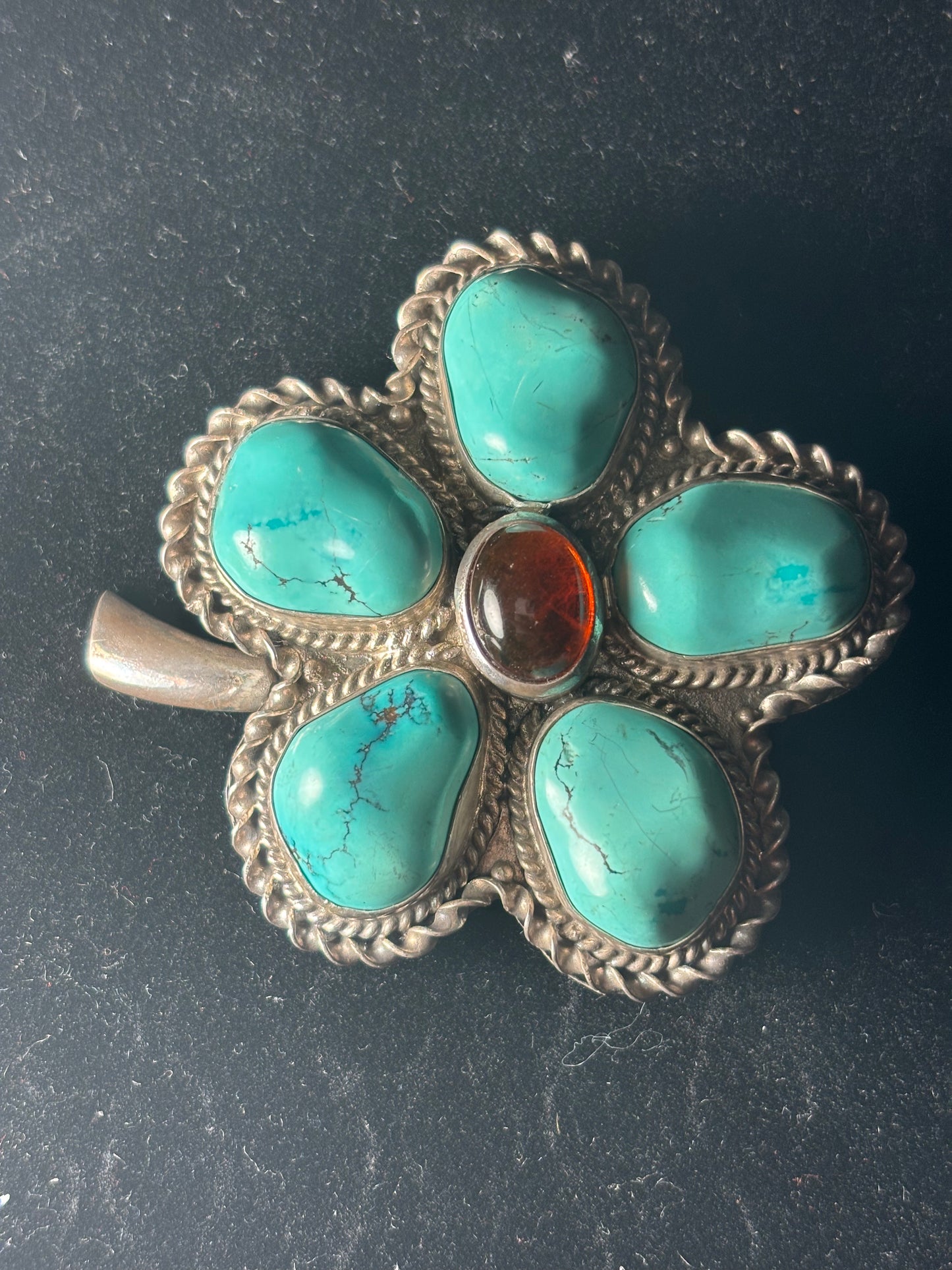 Natural Turquoise & Amber Sterling Silver 5-Leaf Clover Pendant/Pin