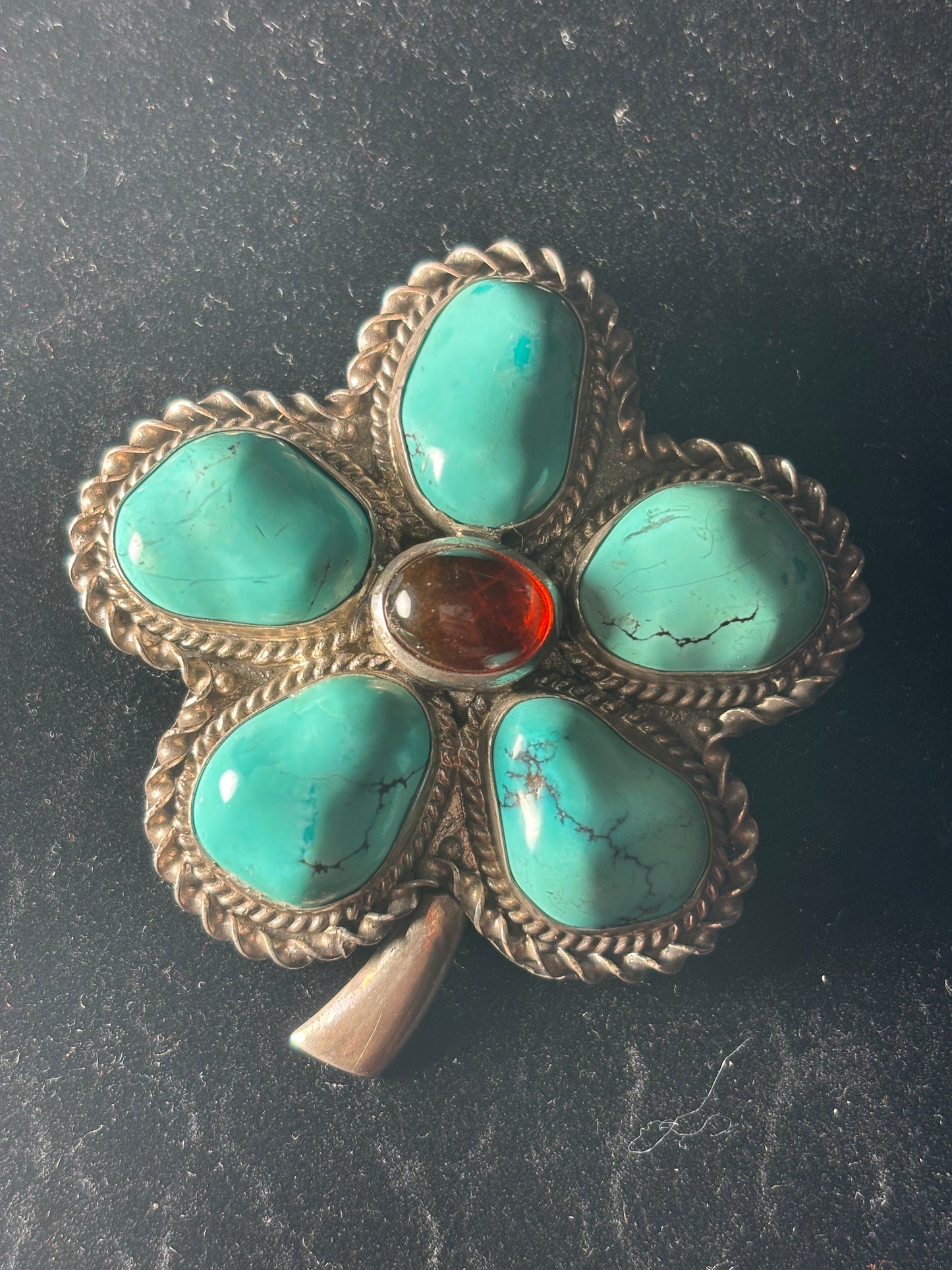 Natural Turquoise & Amber Sterling Silver 5-Leaf Clover Pendant/Pin