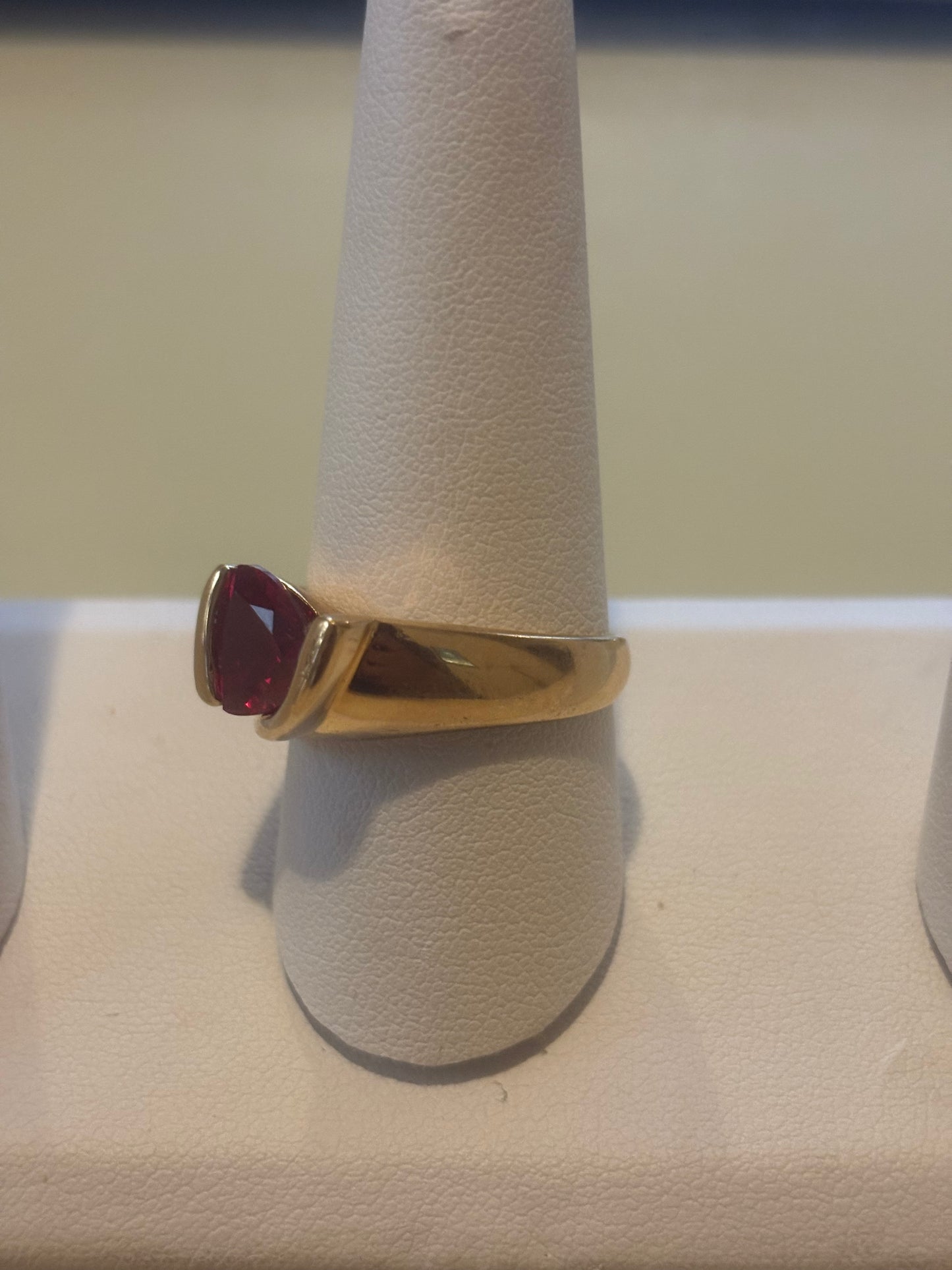 UTC Trillion Cut Lab RED RUBY 18 K Gold Plated 925 Sterling Silver Ring