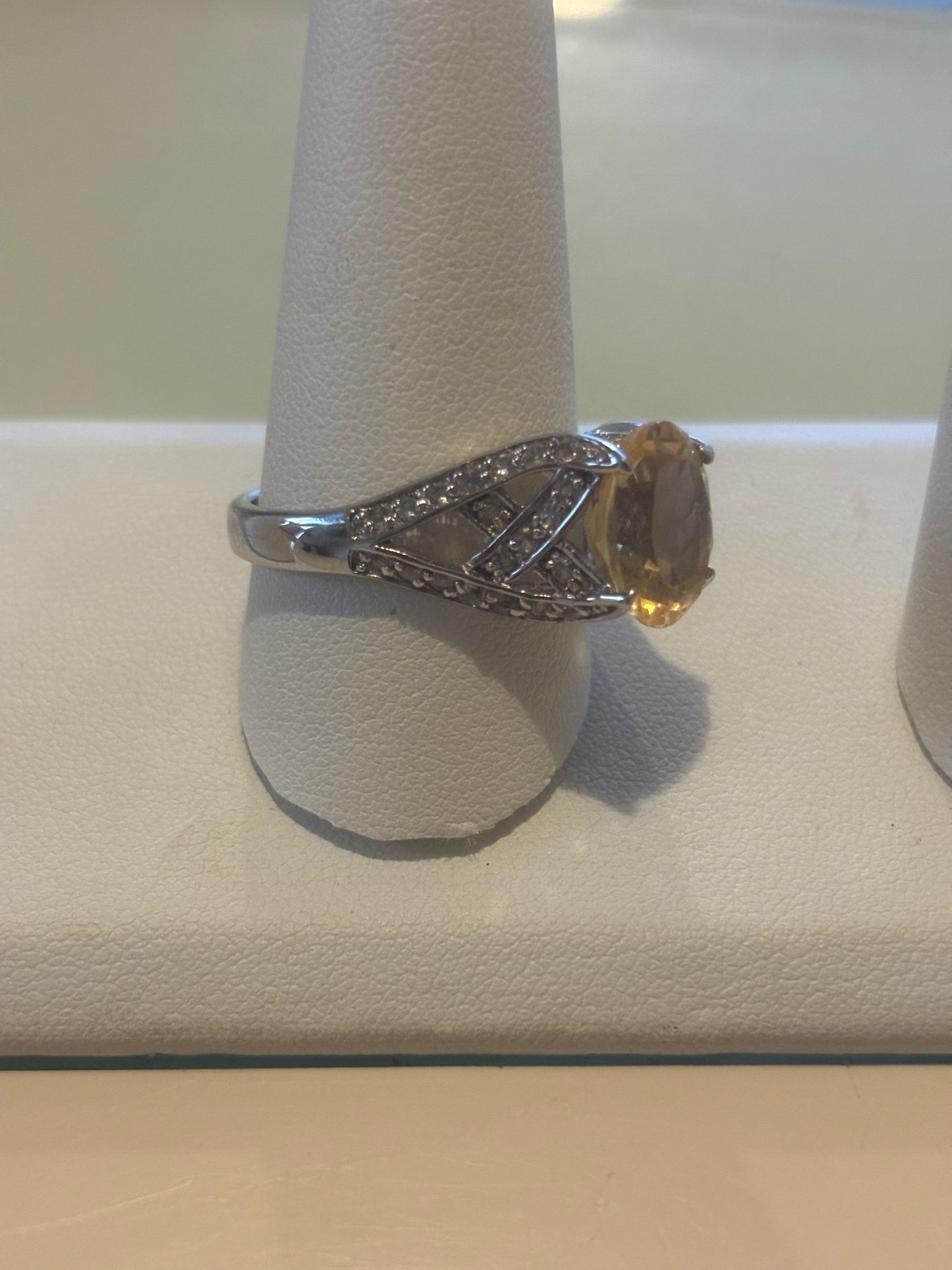 Golden Topaz CZ Ring 925 Sterling Silver Signed Fancy Raised