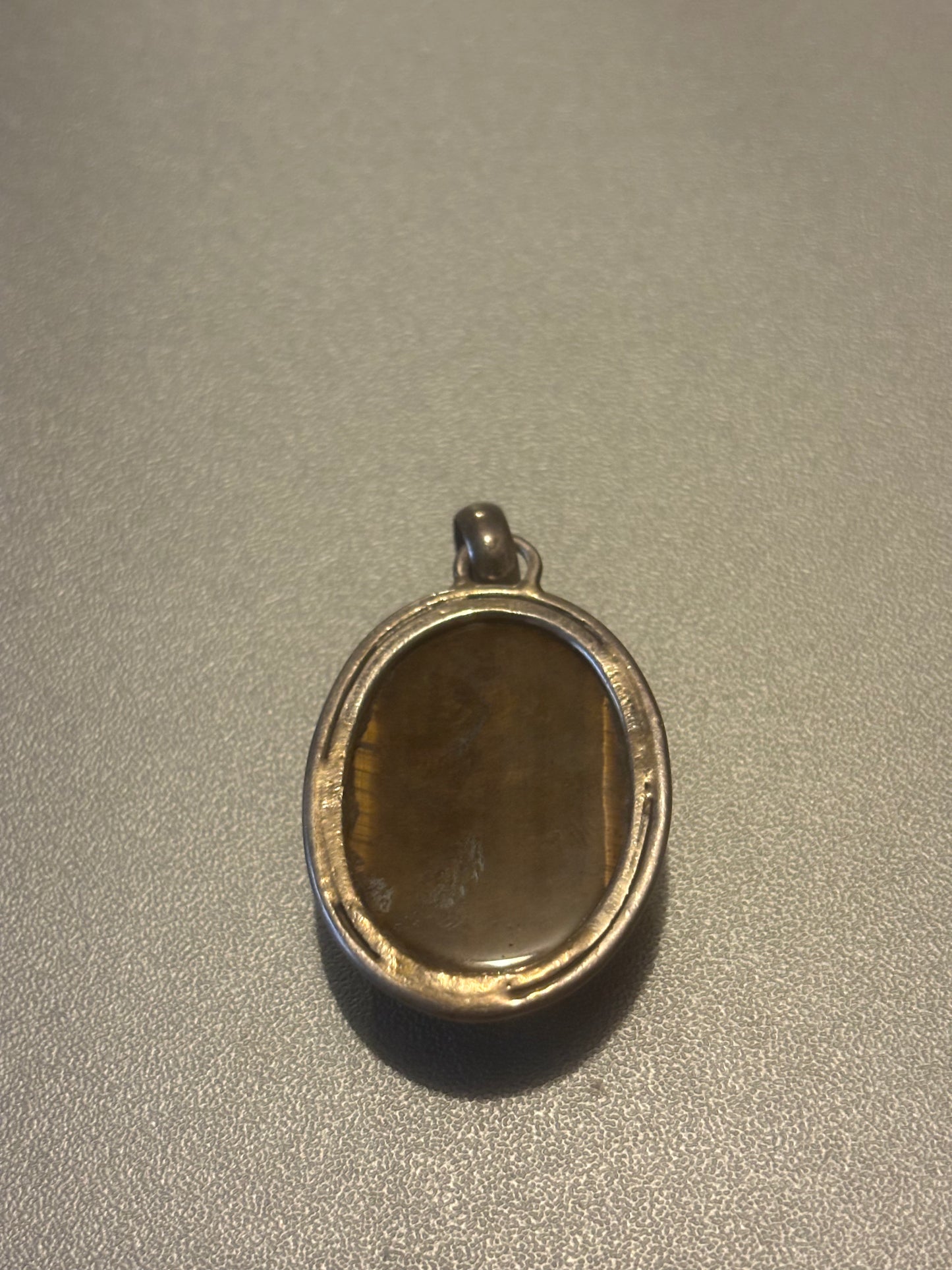 Vintage Sterling Silver Pendant Large Tiger's Eye Cabochon Gemstone