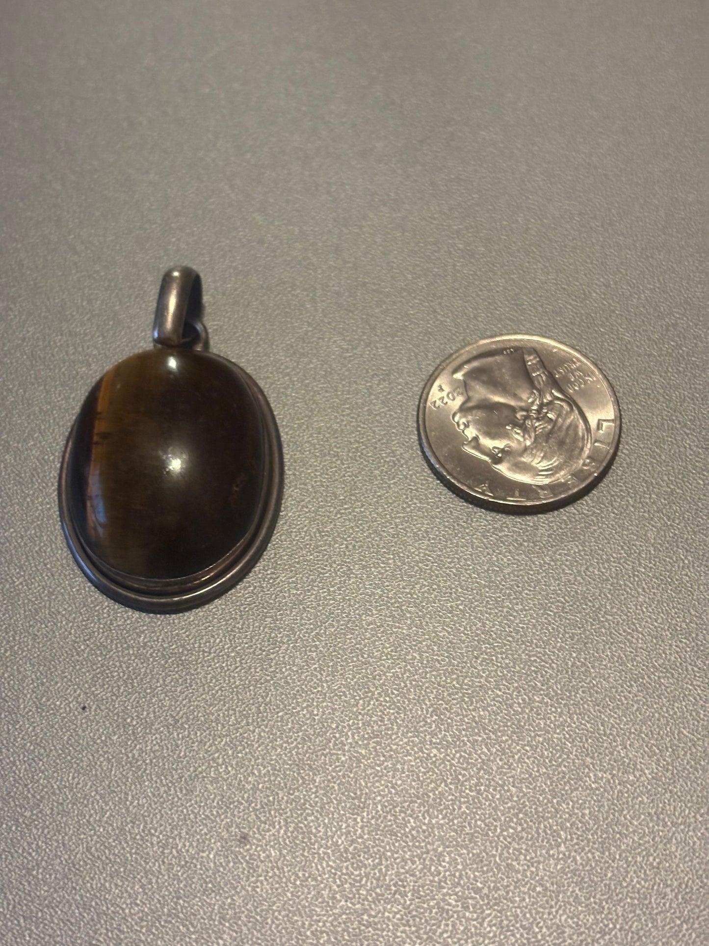 Vintage Sterling Silver Pendant Large Tiger's Eye Cabochon Gemstone