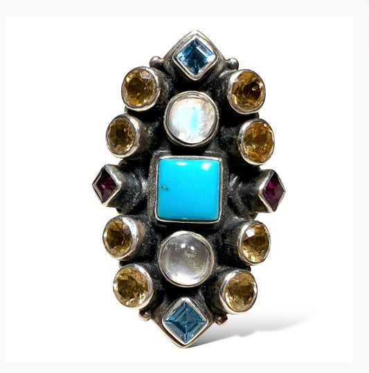 925 Sterling Citrine, Garnet, Topaz, Moonstone & Turquoise Ring