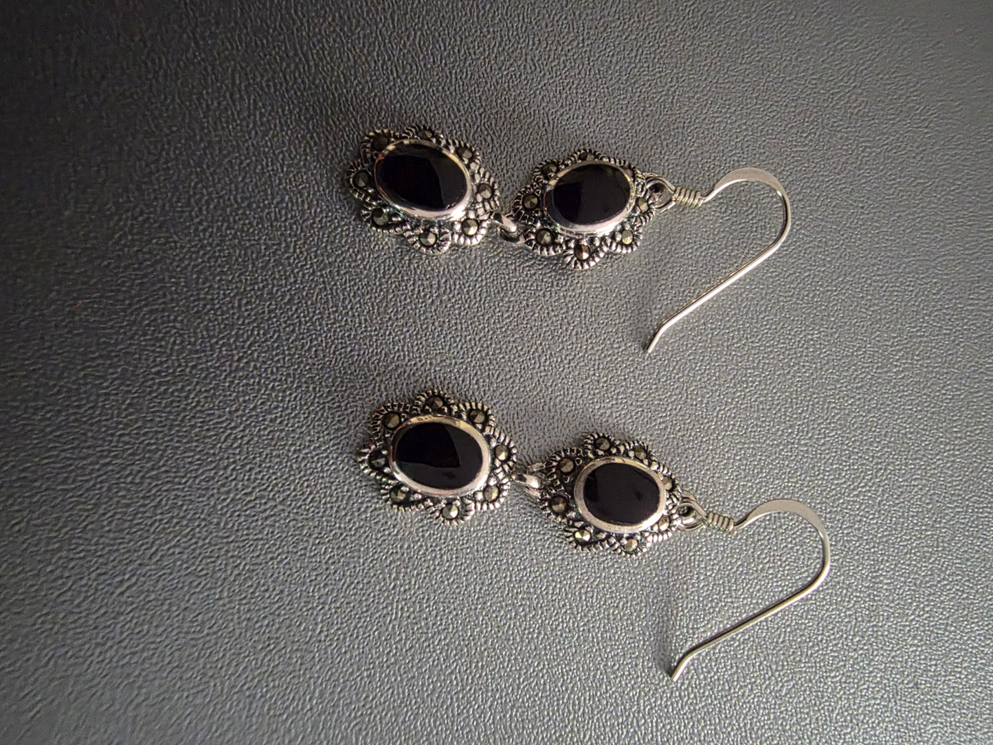 925 Sterling Silver Vintage Real Black Onyx double dangle Earrings