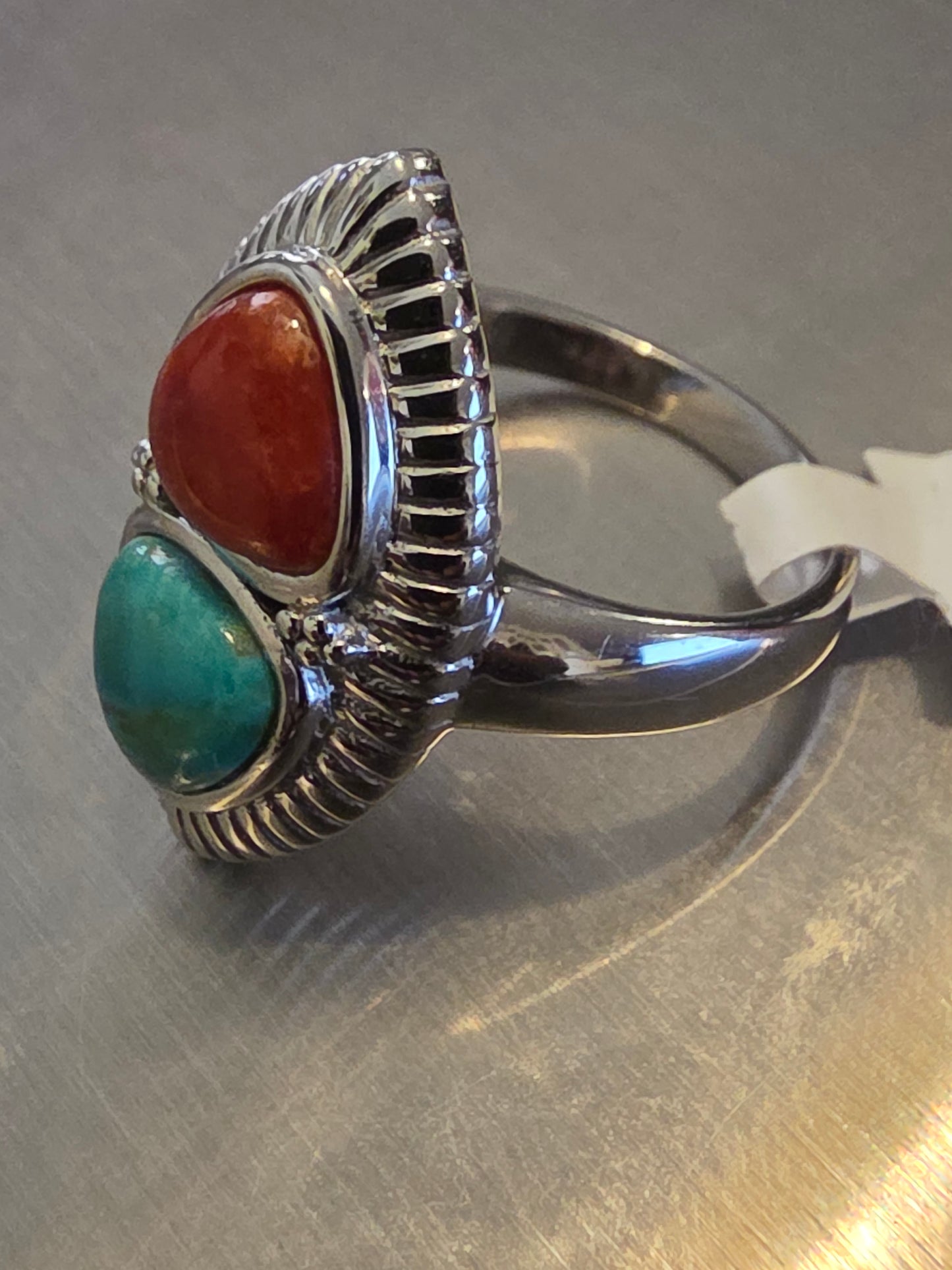 Vintage Sterling Silver Turquoise and Coral Southwest Silverwork Ring Size 12.5