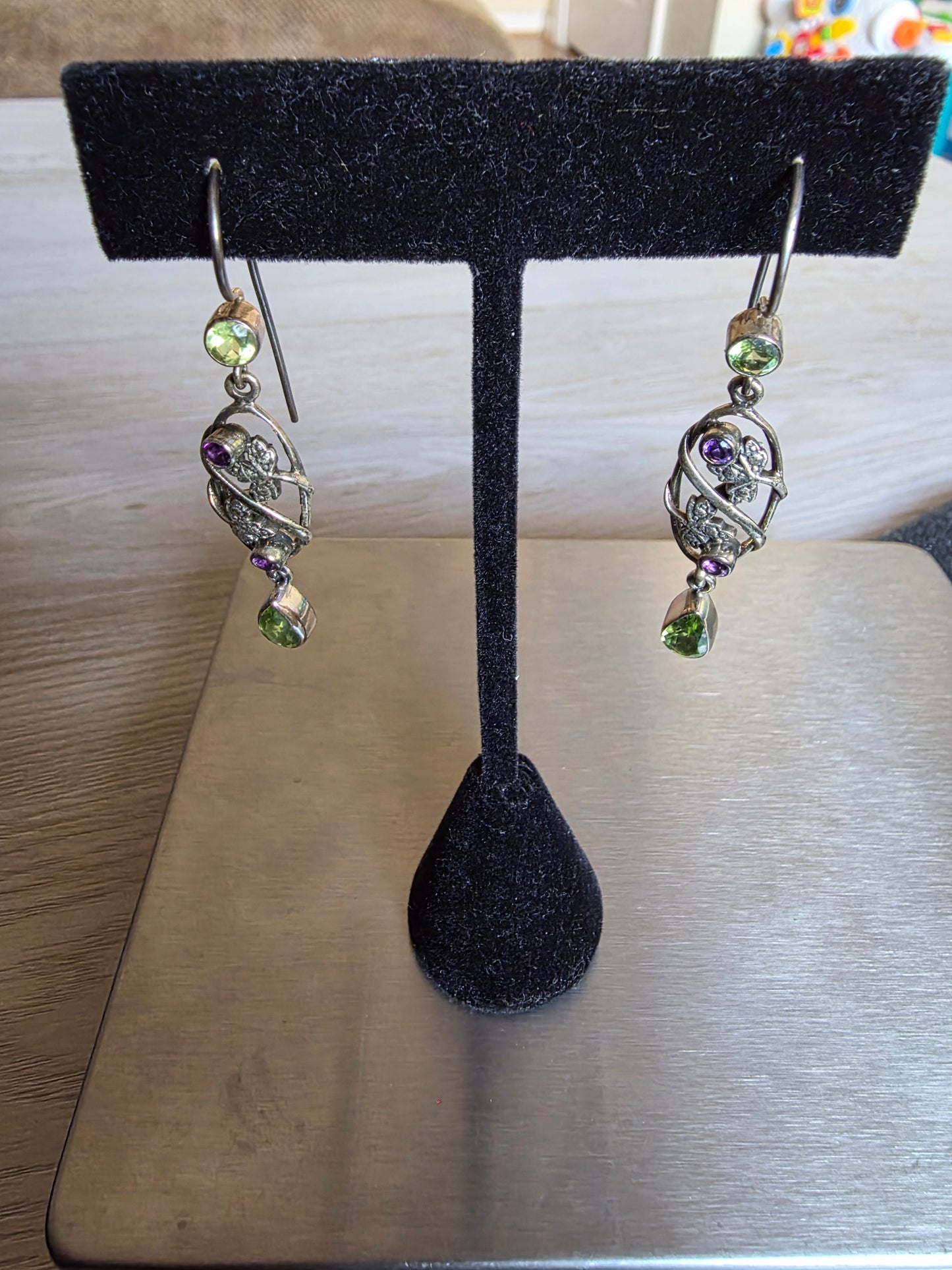 Vintage Sterling Nicky Butler Amethyst Peridot Leaf Long Dangling Earrings