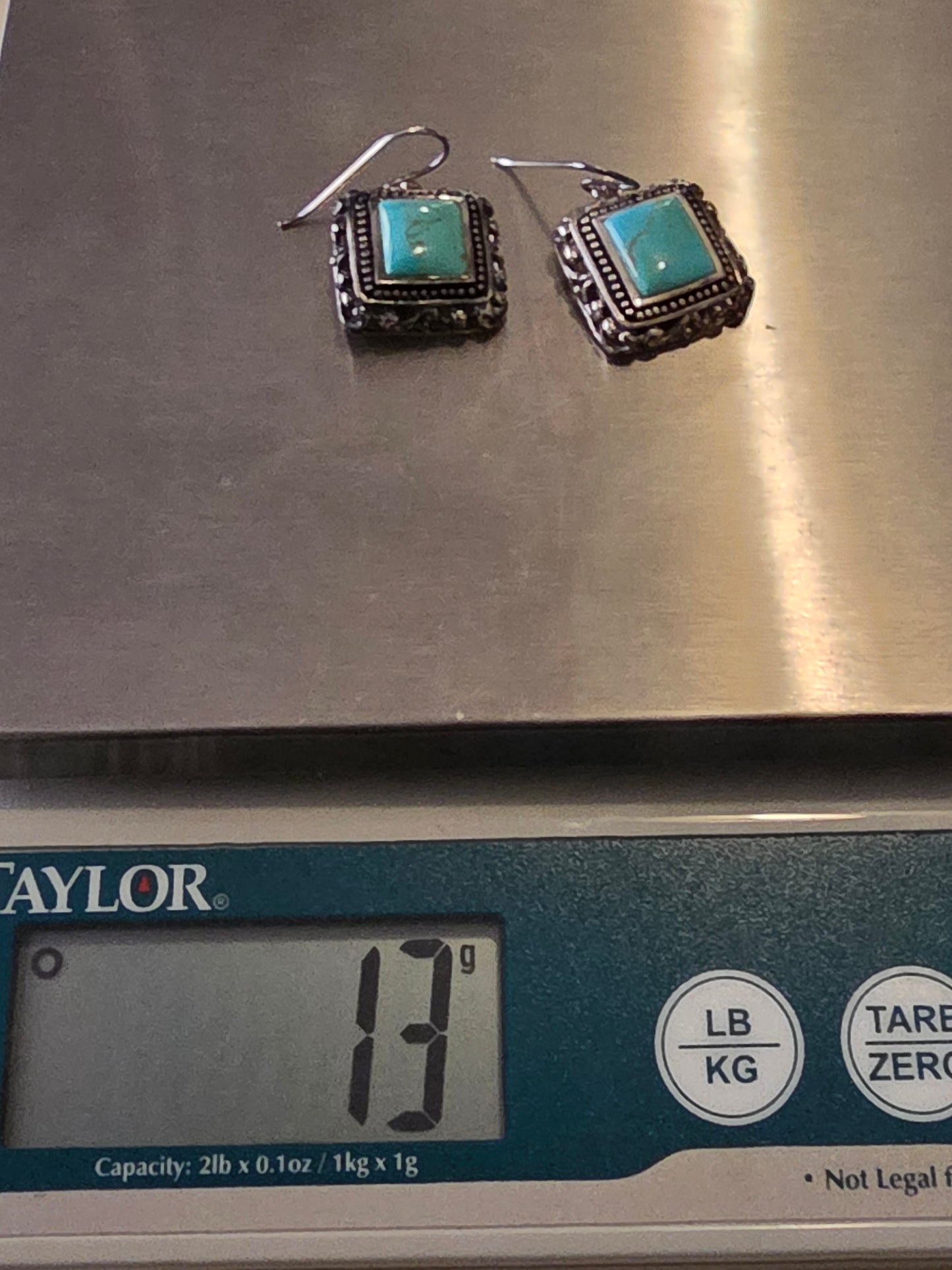 Vintage Turquoise Square 925 Sterling Silver Dangle Earrings with Rope Style Borders