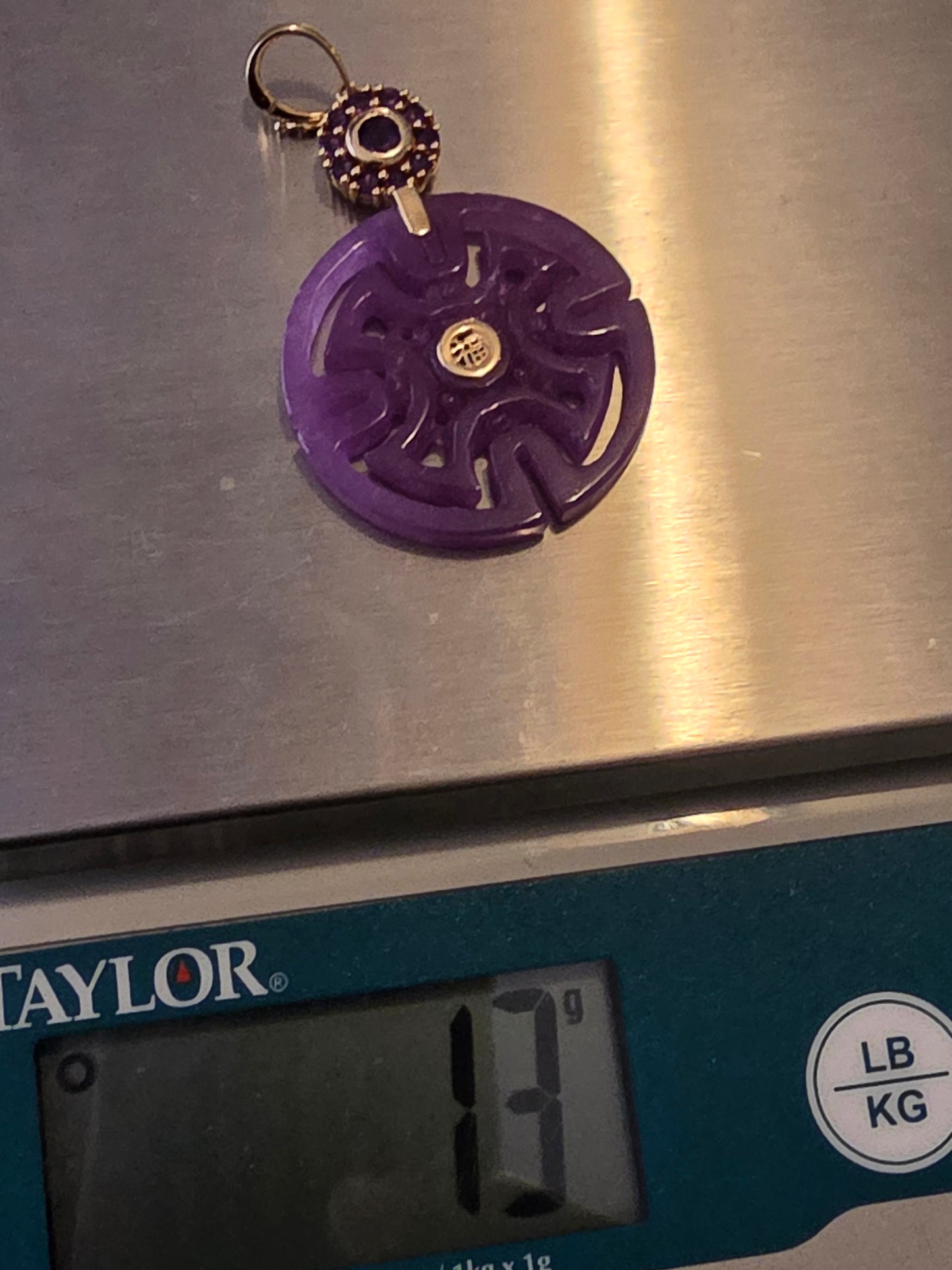 Heng Ngai 14K Yellow Gold Purple Jade Amethyst Chinese Good Luck Pendant 13.g