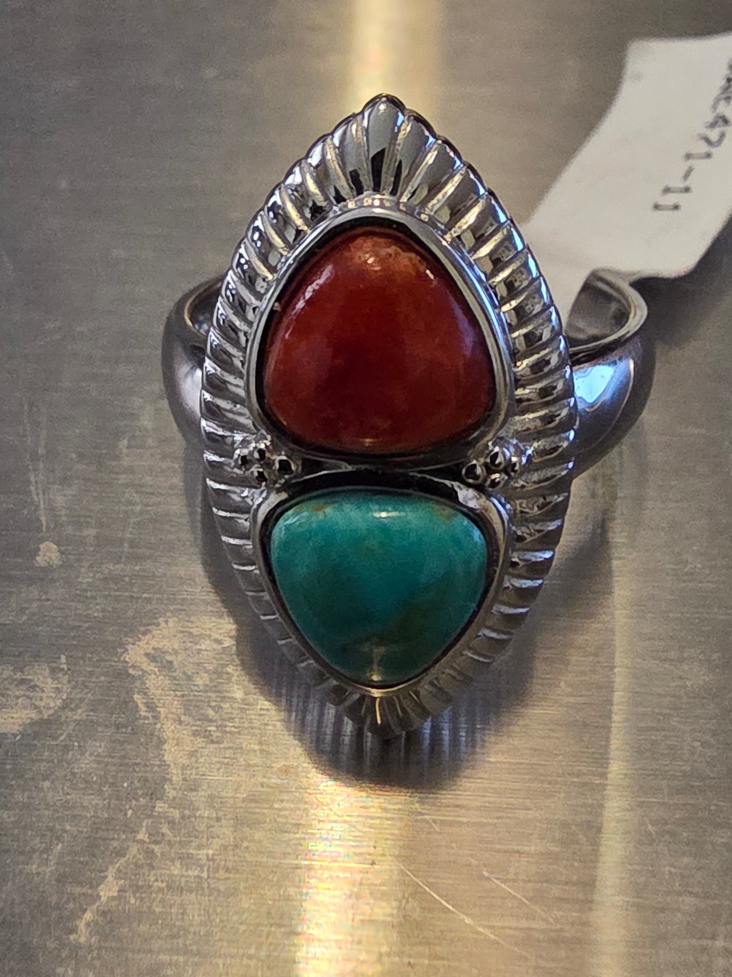 Vintage Sterling Silver Turquoise and Coral Southwest Silverwork Ring Size 12.5