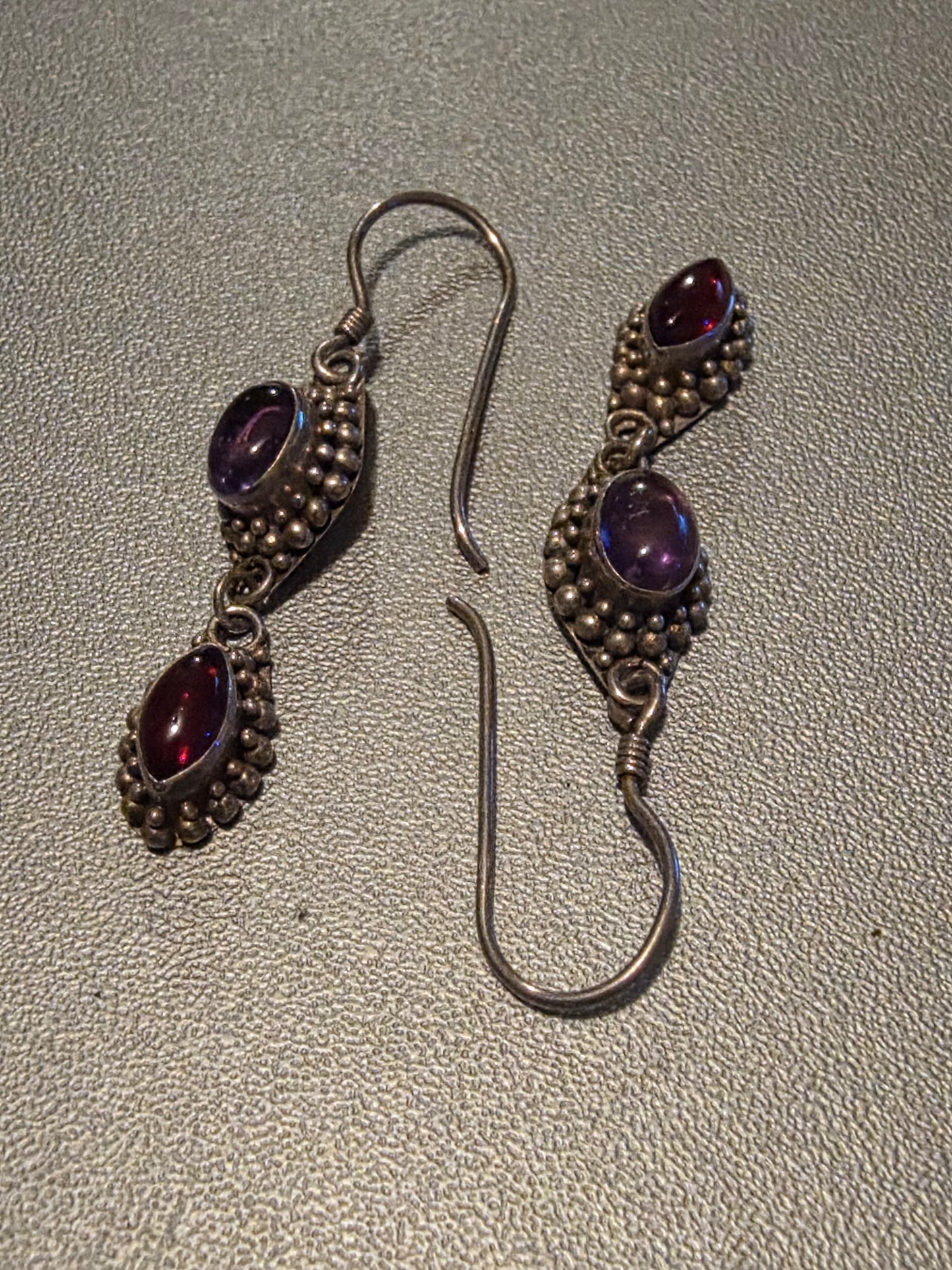 Art Deco Drop Earrings Sterling Silver 925 Vintage Red Garnet & Purple Amethyst
