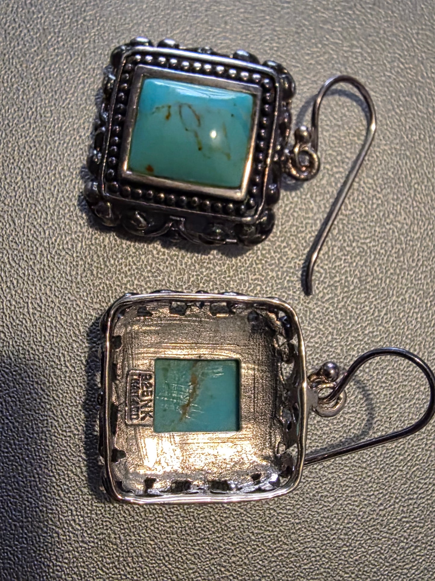 Vintage Turquoise Square 925 Sterling Silver Dangle Earrings with Rope Style Borders