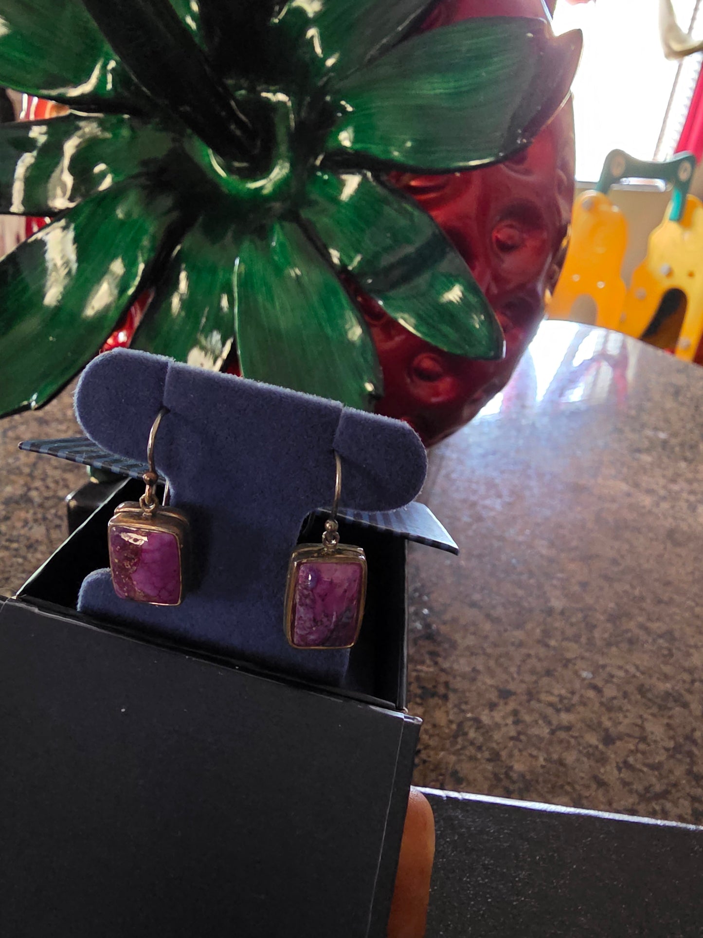 Vintage Sterling Silver Mottled Purple Jasper Pierced Earrings 6.9g 31x12.3mm