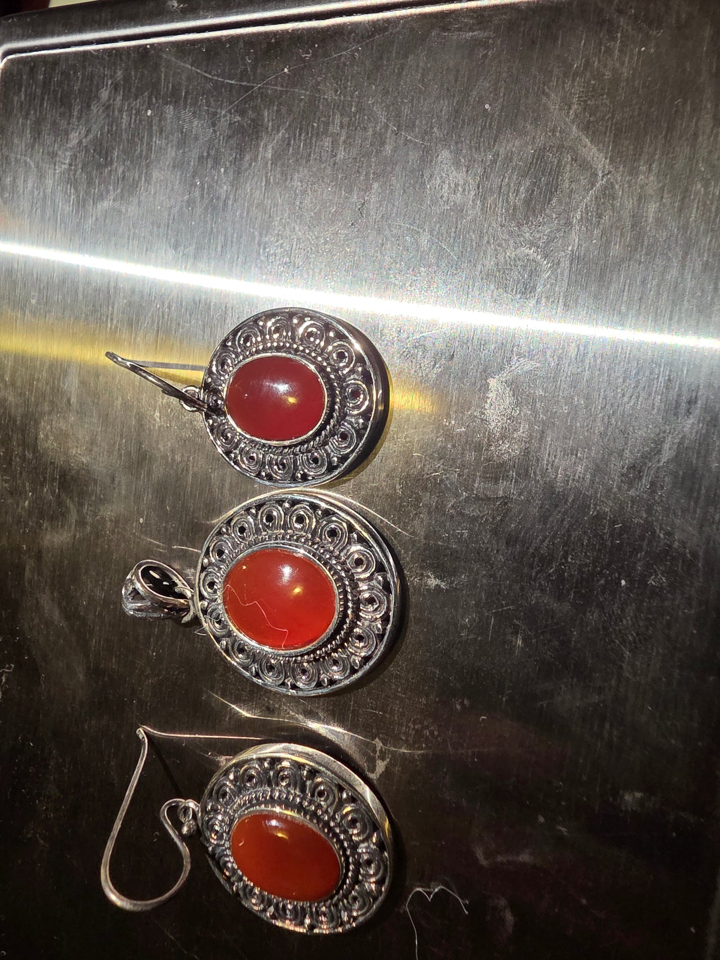 Vintage 925 Tiger Eye Pendant with Earrings Set Red