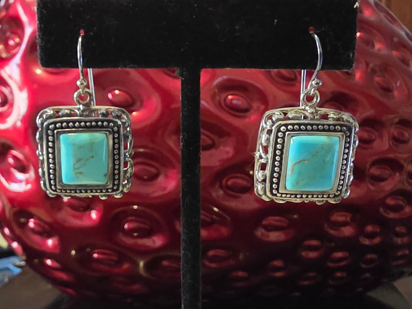 Vintage Turquoise Square 925 Sterling Silver Dangle Earrings with Rope Style Borders
