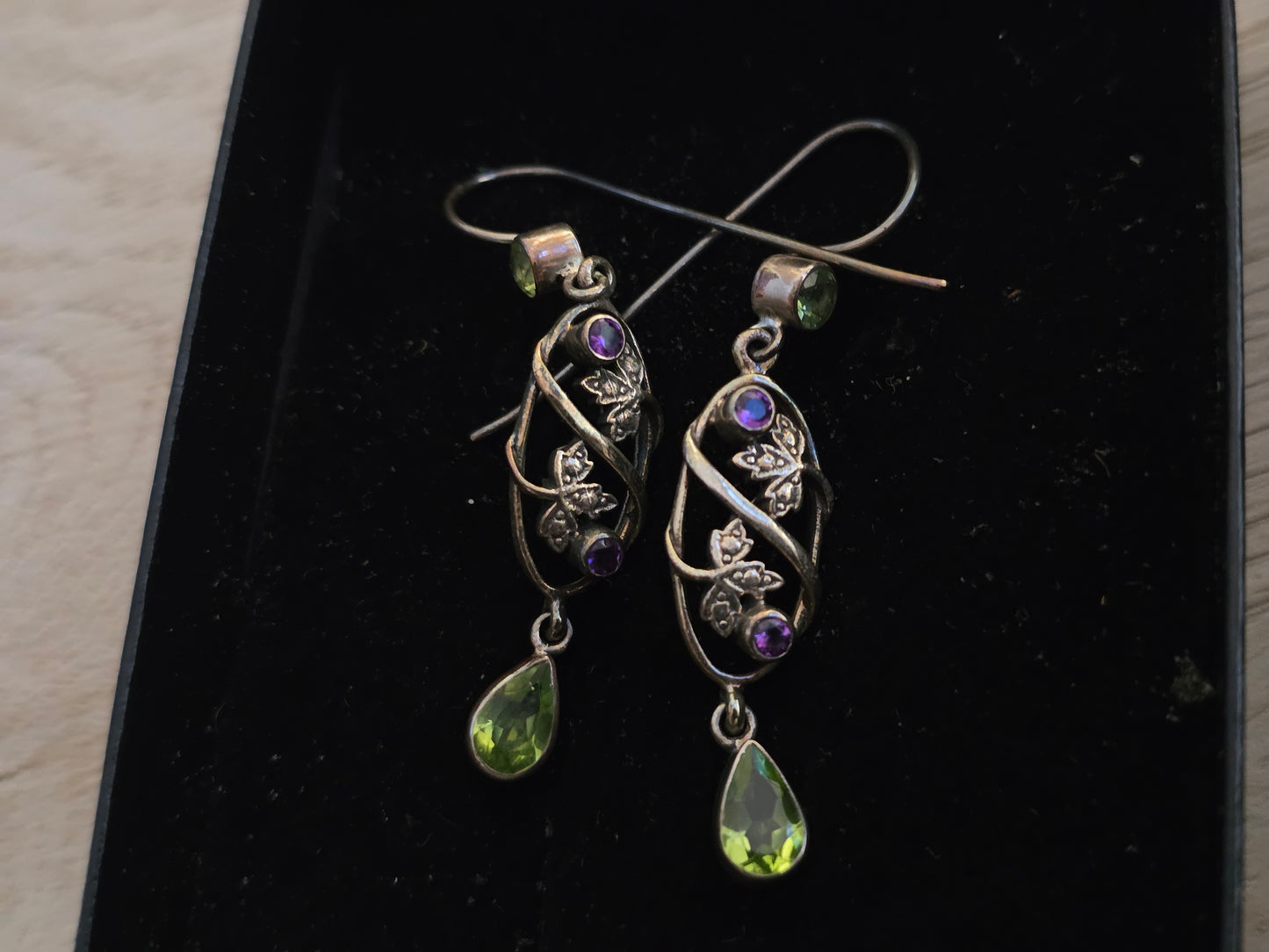 Vintage Sterling Nicky Butler Amethyst Peridot Leaf Long Dangling Earrings