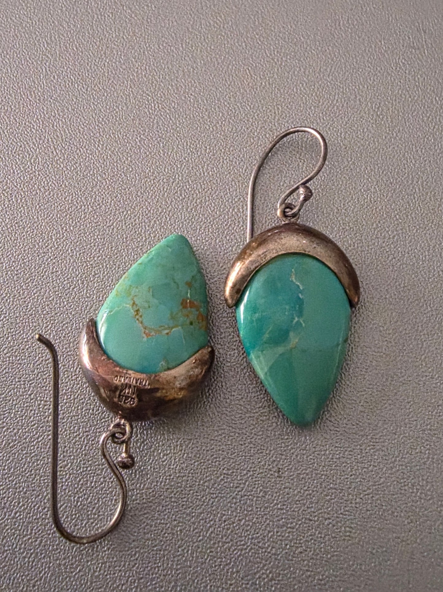 Vintage Thailand 925 Sterling Silver Turquoise Teardrop Dangle Earrings