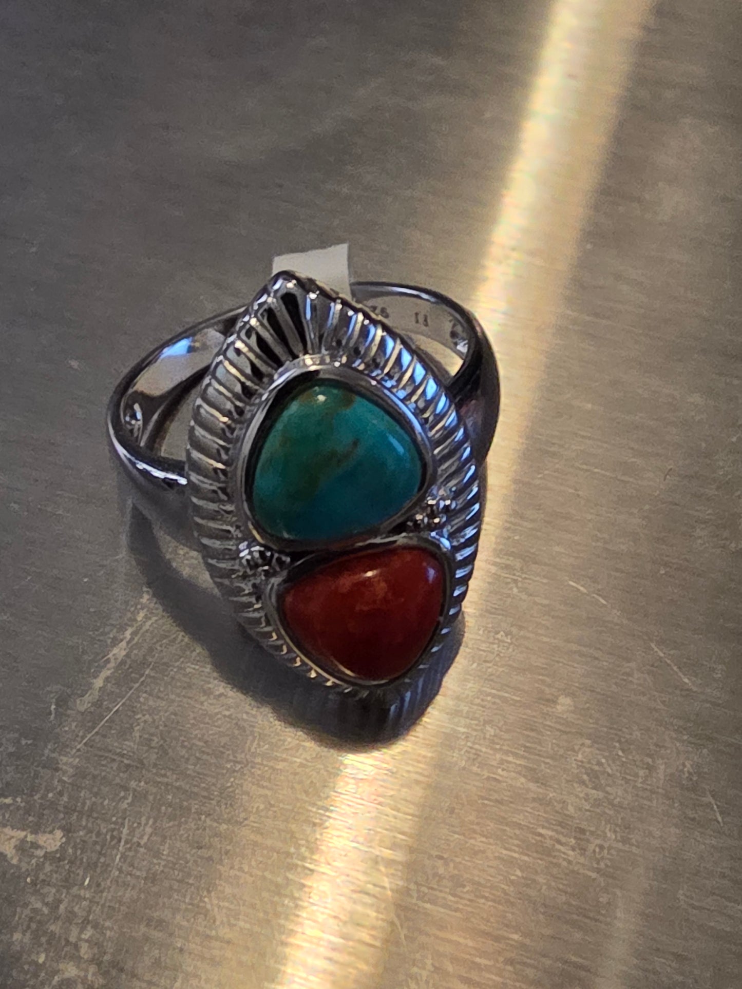 Vintage Sterling Silver Turquoise and Coral Southwest Silverwork Ring Size 12.5