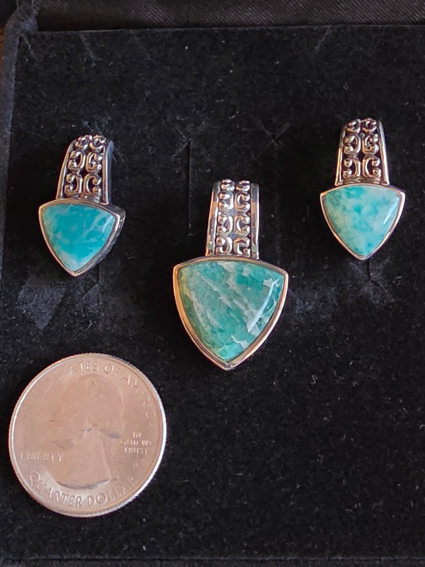 Vintage Sterling Silver Pendant and Earrings set, Cabochon Triangle Turquoise