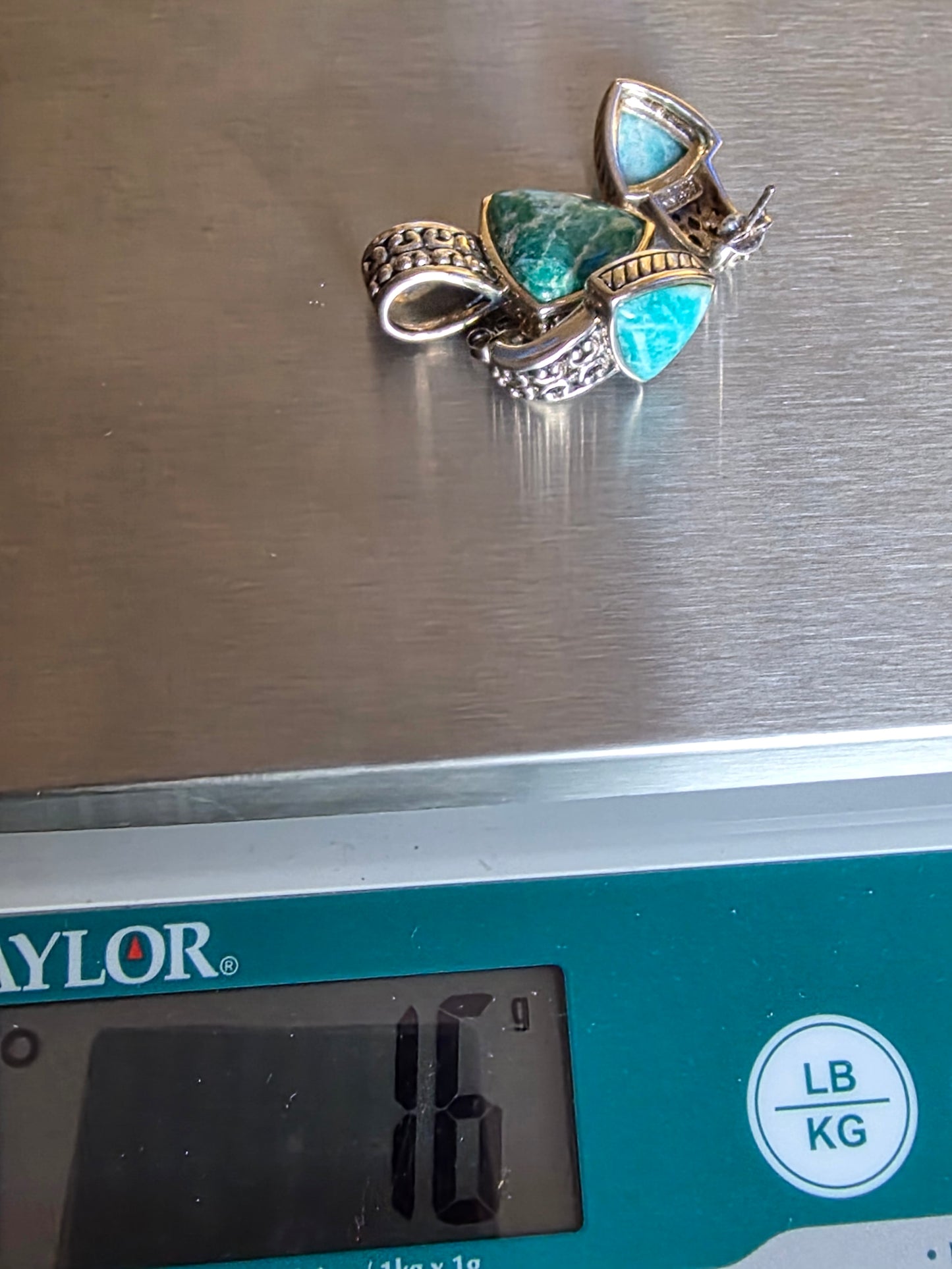 Vintage Sterling Silver Pendant and Earrings set, Cabochon Triangle Turquoise