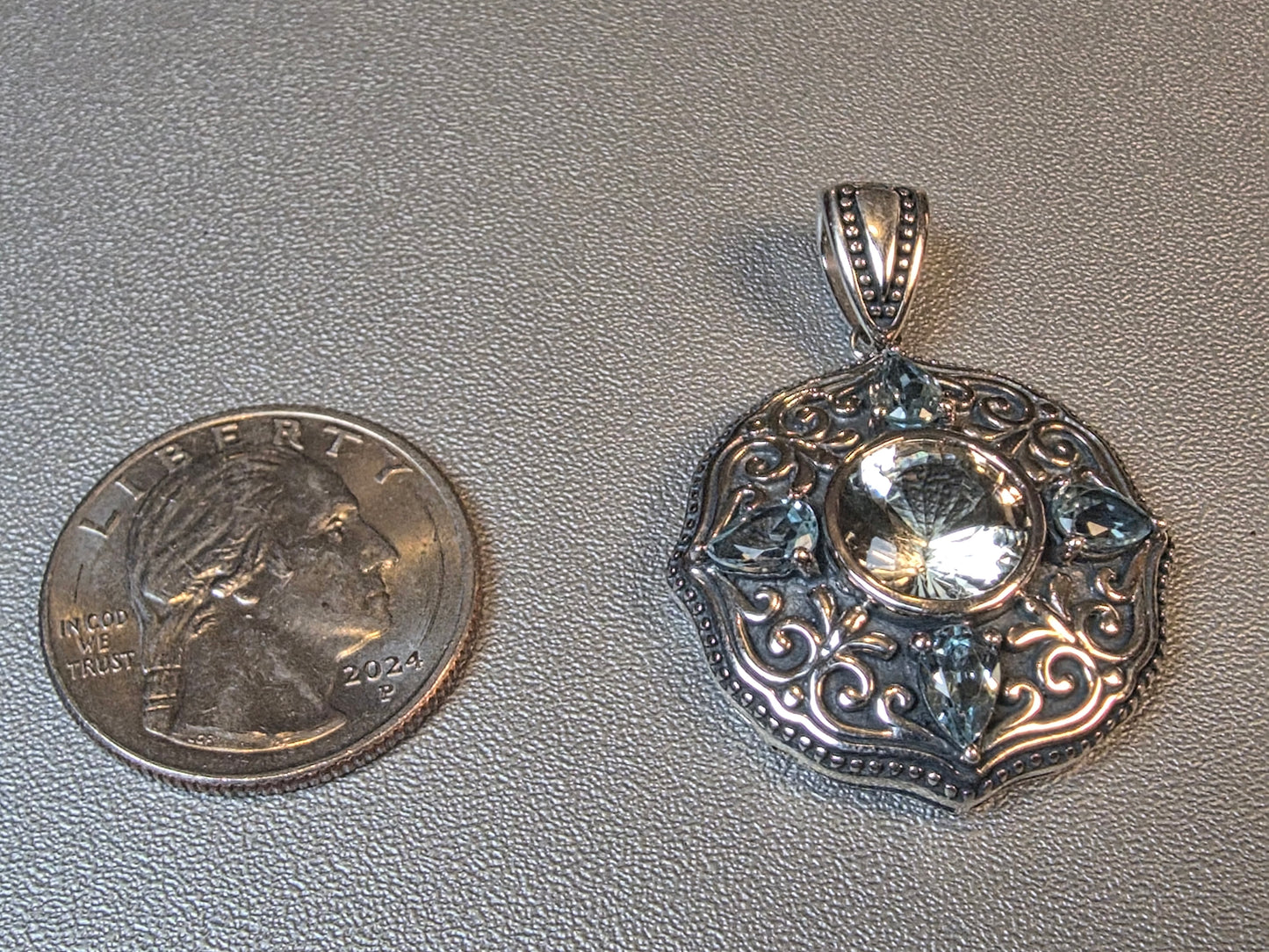 925 Sterling Silver Pendant featuring a central labradorite gemstone surrounded by blue topaz accents and intricate scrollwork