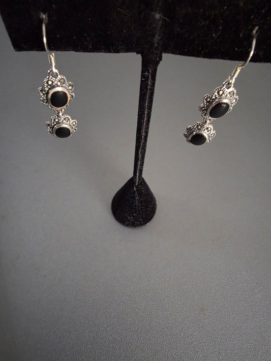 925 Sterling Silver Vintage Real Black Onyx double dangle Earrings