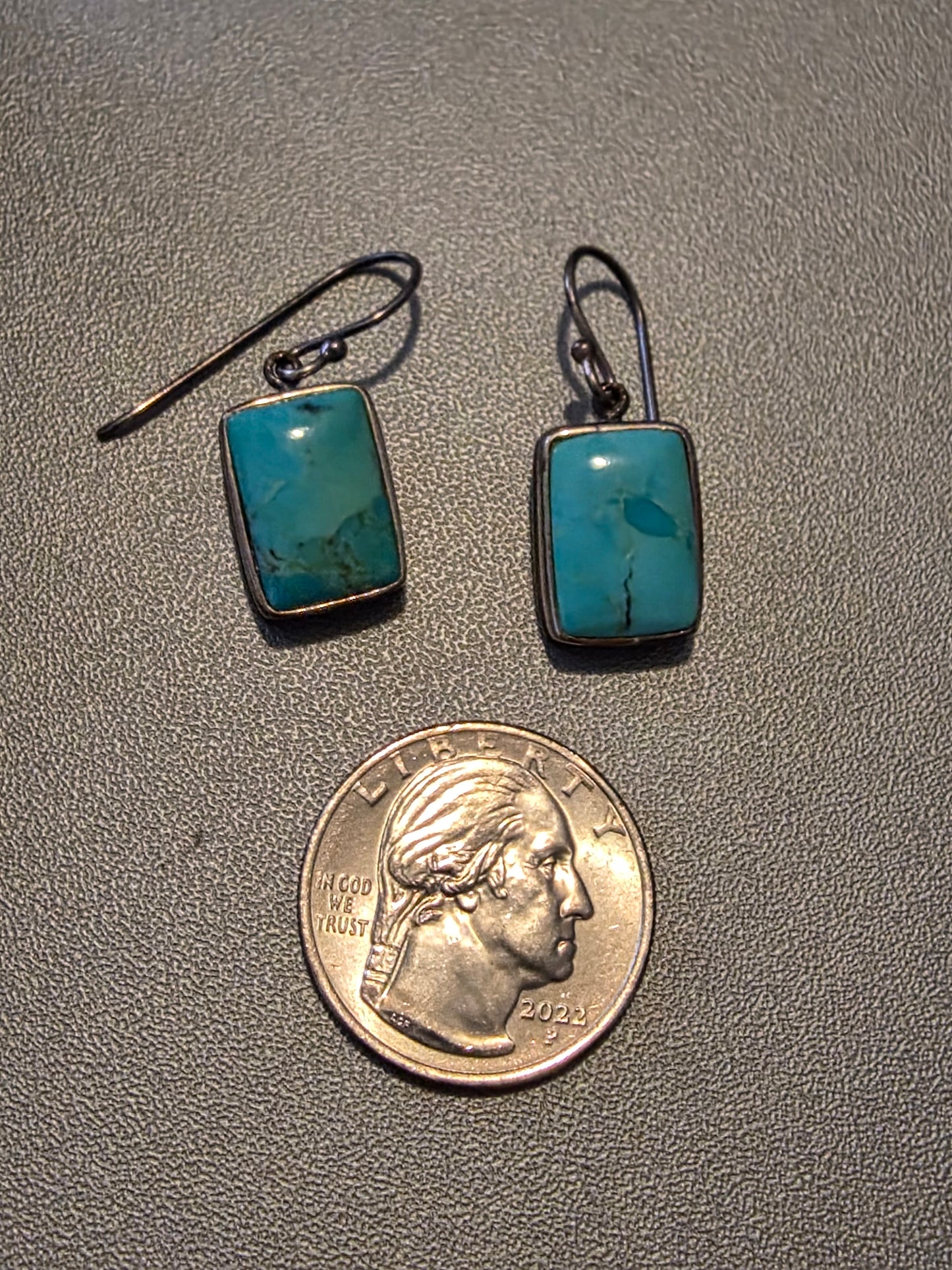 Small vintage Turquoise Rectangle Cabochon 925 Sterling Silver Dangle Earrings