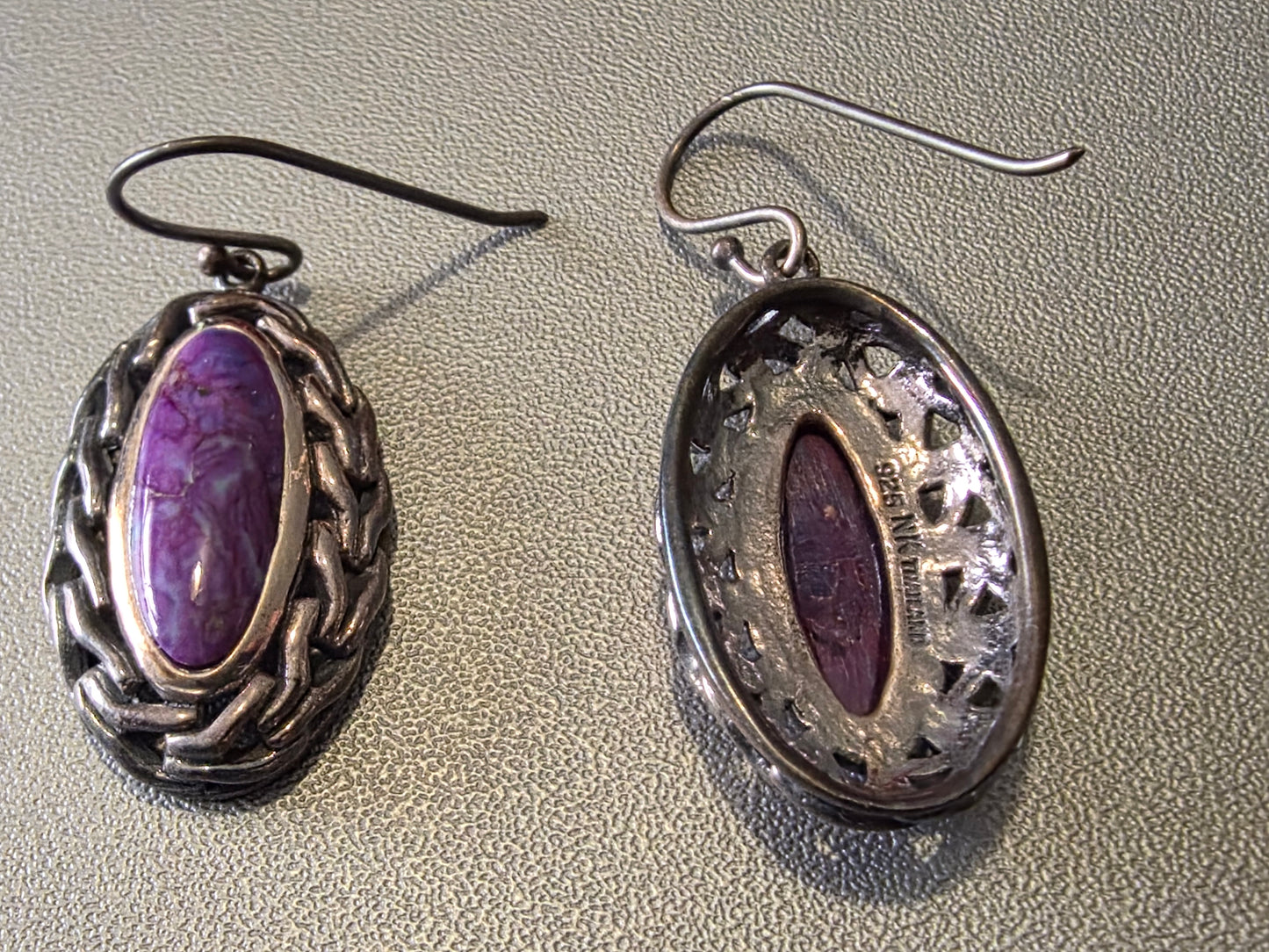 925 Sterling Silver NK Thailand Vintage Purple Turquoise Earrings.