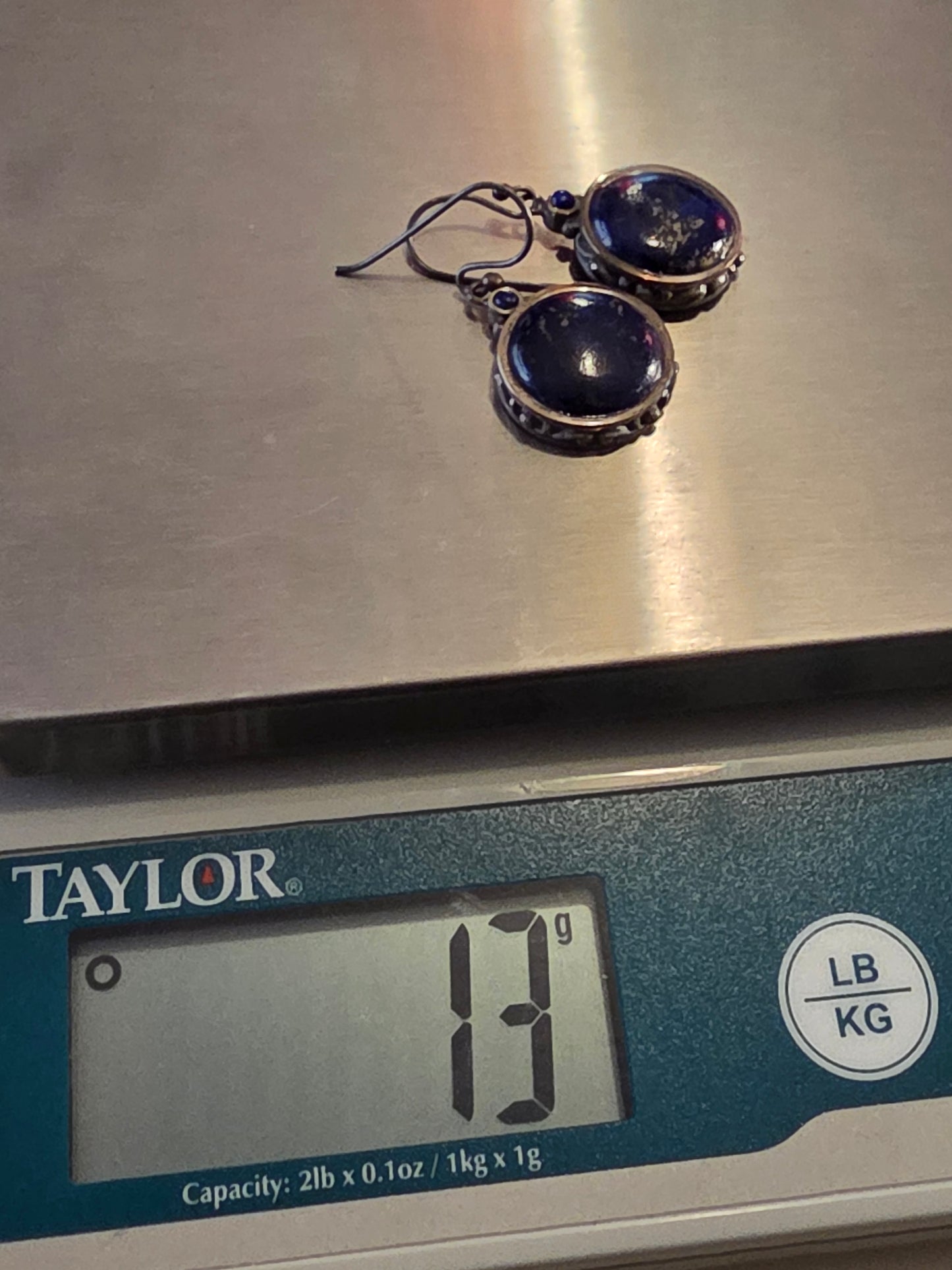 Vintage Round Blue Sunstone Dangle Hook Earrings 925 Sterling Silver