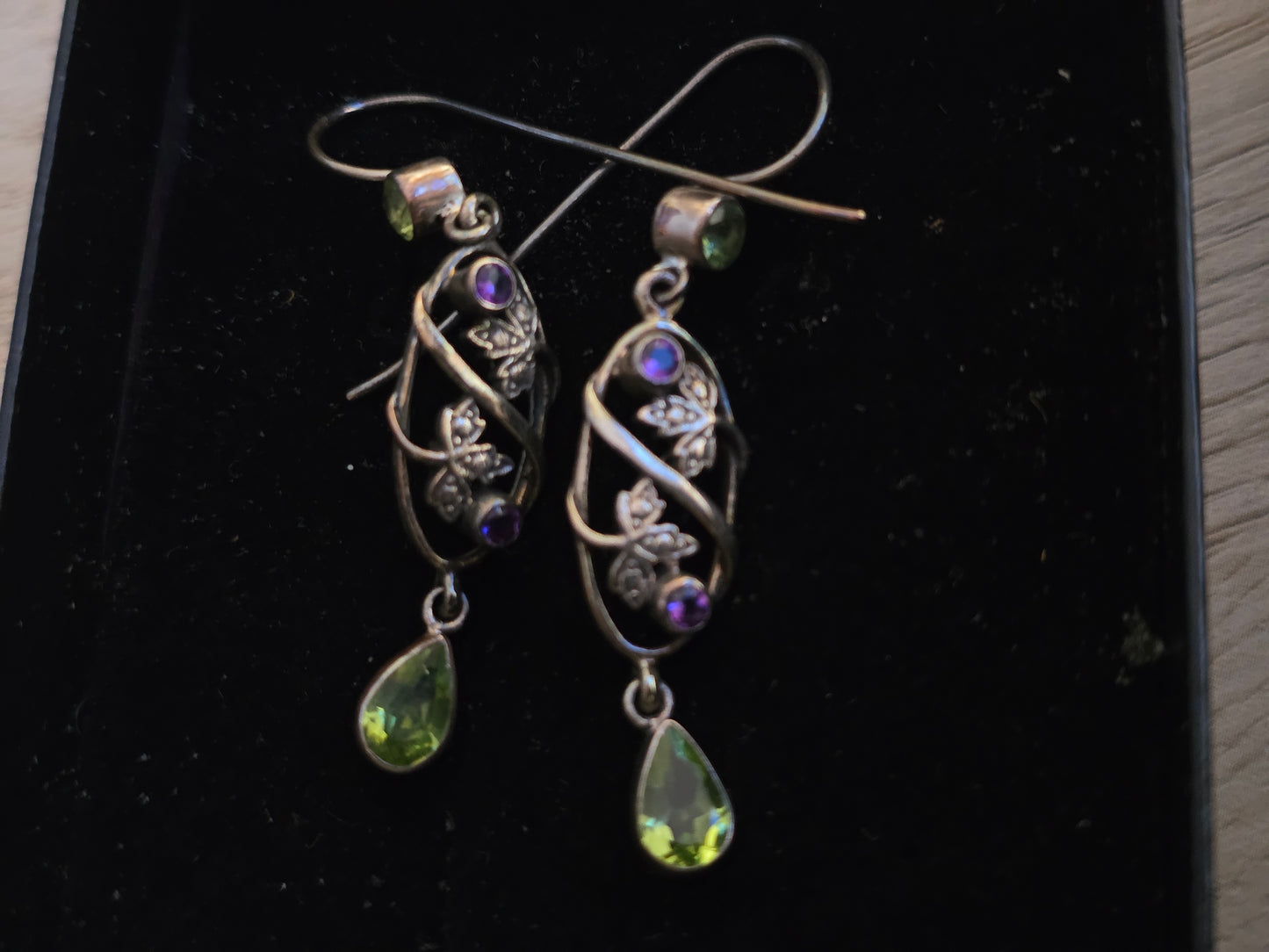 Vintage Sterling Nicky Butler Amethyst Peridot Leaf Long Dangling Earrings