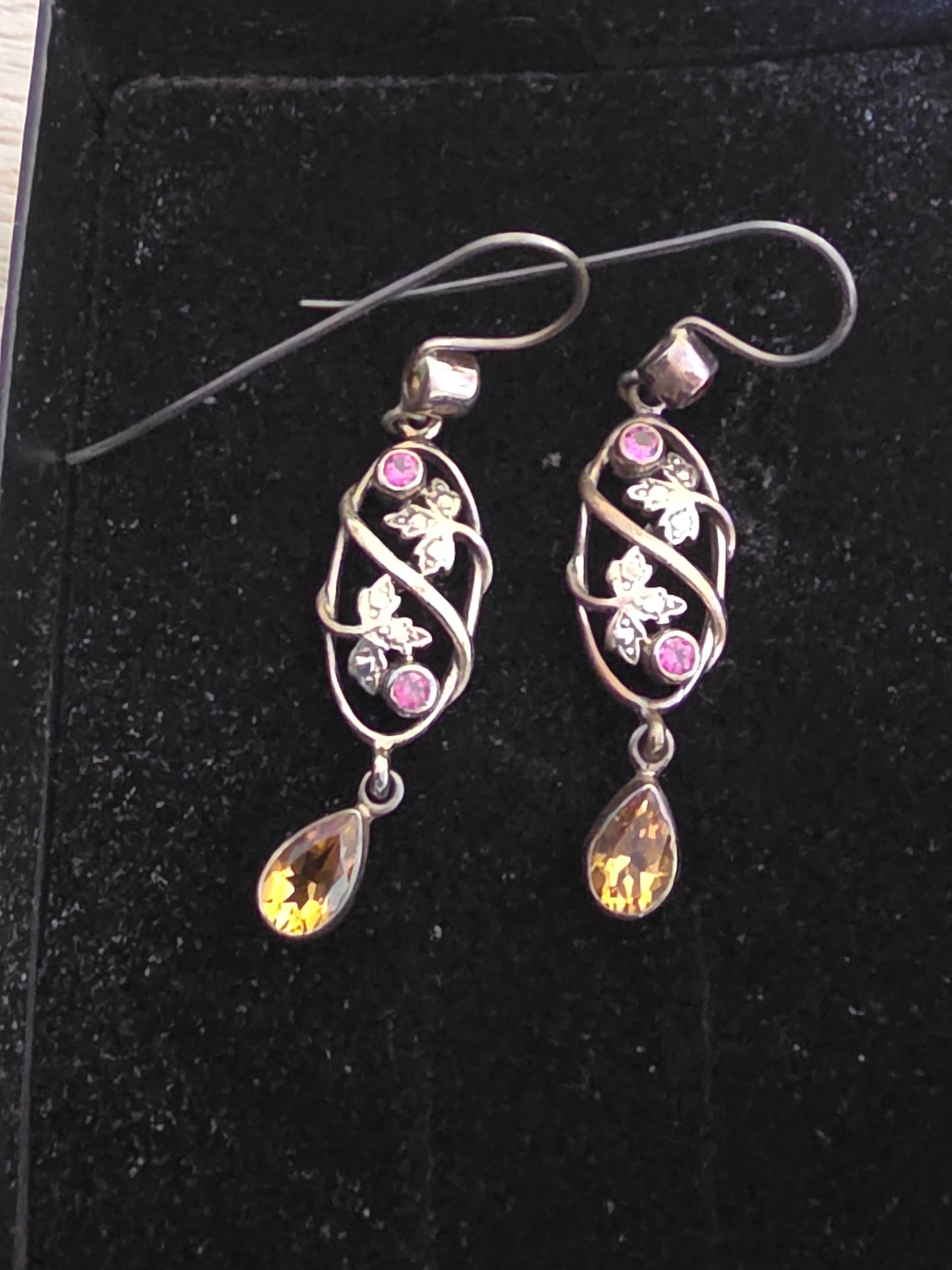 Vintage Sterling Nicky Butler Amethyst Peridot Leaf Long Dangling Earrings