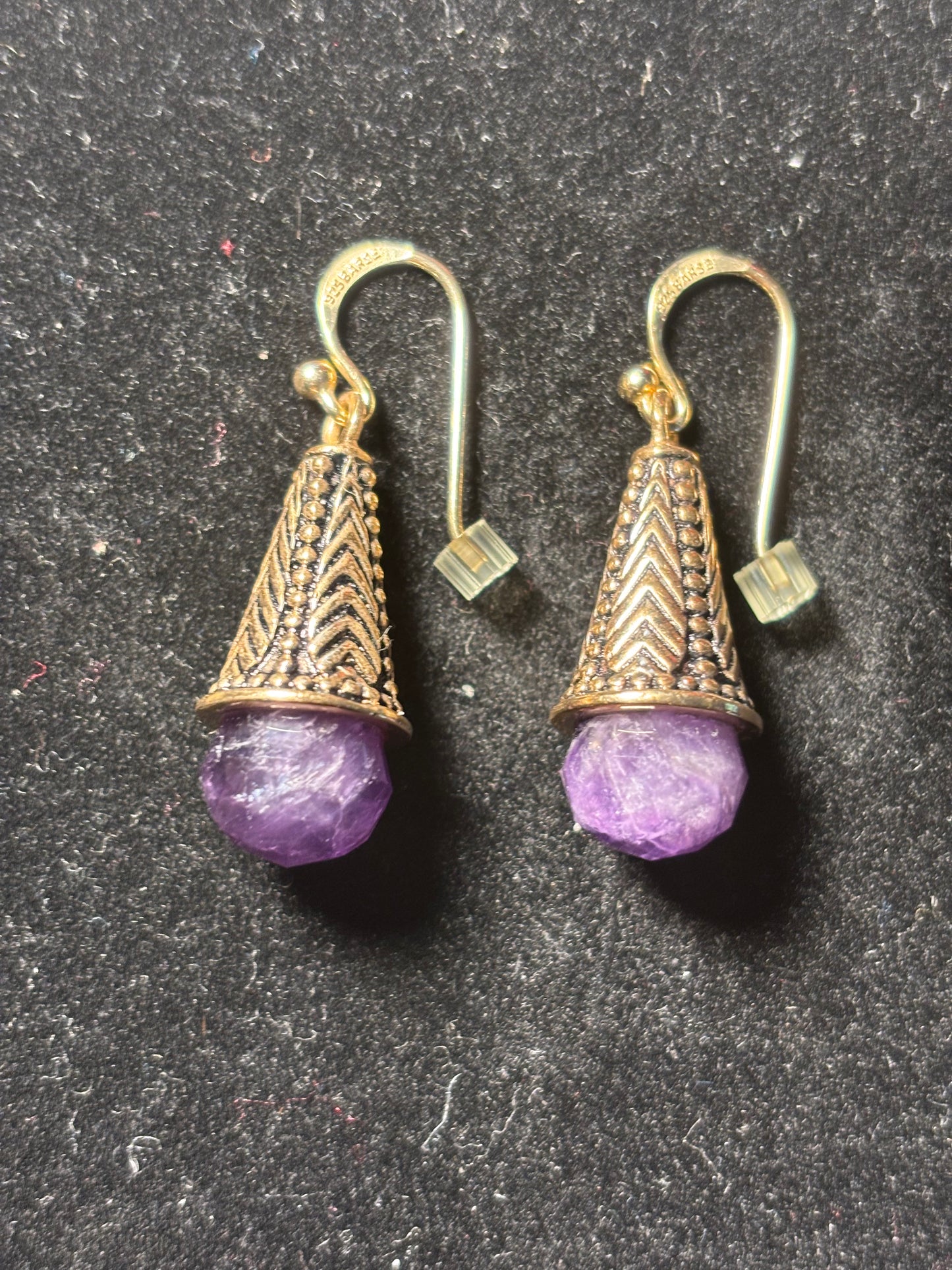 Floral Design Gold and Purple Cone Drop Earrings