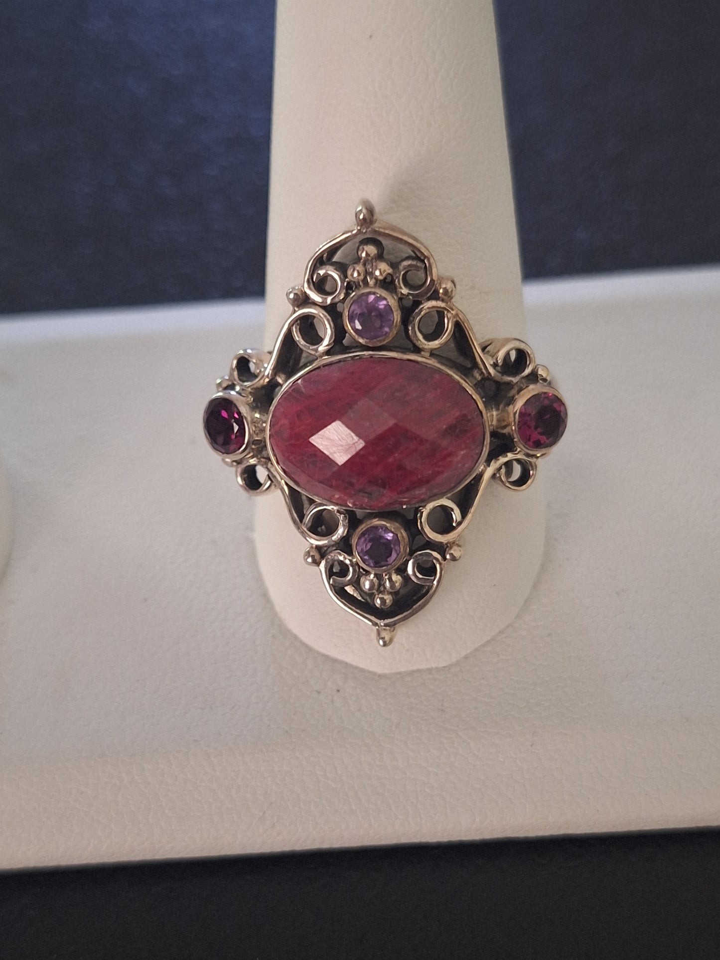 oval Shaped Pink Mussel Shell And Amethyst Ring