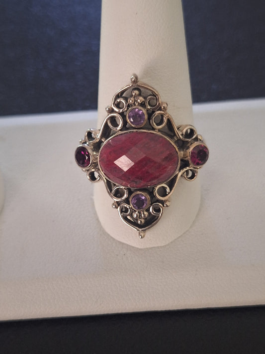oval Shaped Pink Mussel Shell And Amethyst Ring