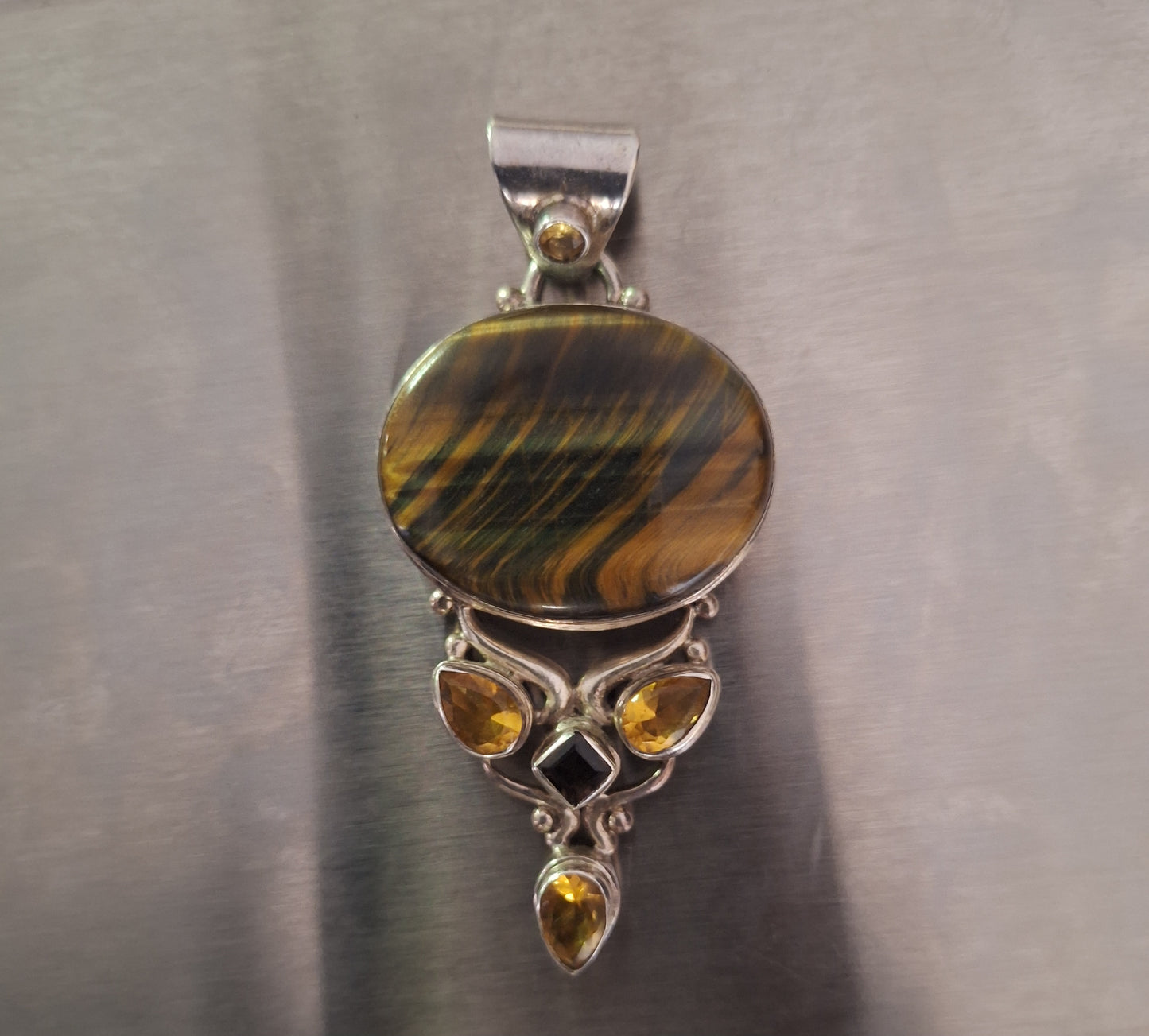 Sterling Silver Genuine Tigers Eye Stone Pendant 925