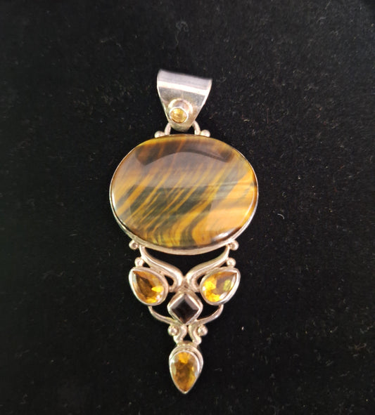 Sterling Silver Genuine Tigers Eye Stone Pendant 925
