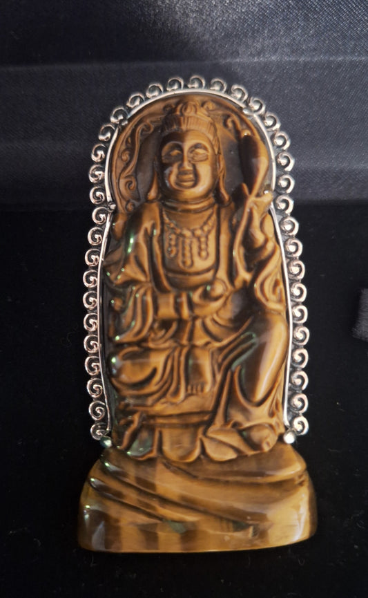 Stunning AKR Sterling Silver Carved Tigers Eye Buddha Brooch