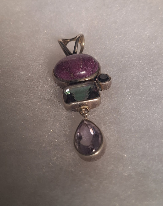 Original Vintage 925 Sterling Silver Amethyst Multi Gemstone Pendant