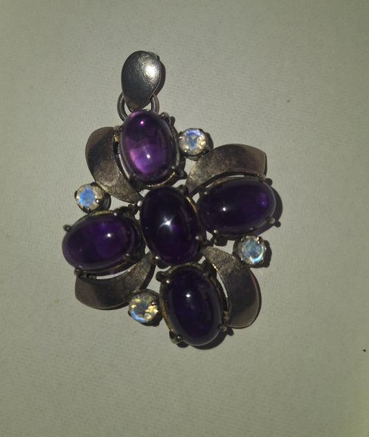 Vintage Amethyst Sterling Silver Cluster Flower Pendant