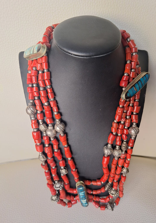 Sterling Silver Red Coral Beads Necklace With Turquoise Stone Accents.