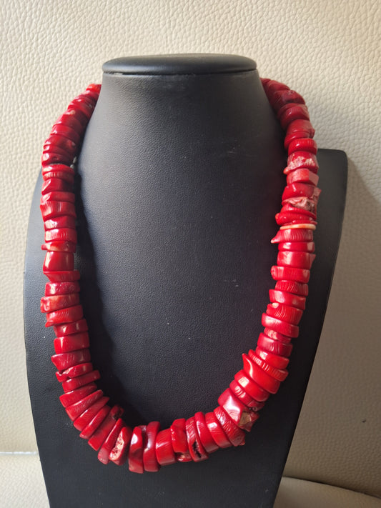 Vintage Authentic Chunky Red Coral Beaded Bar Statement Necklace