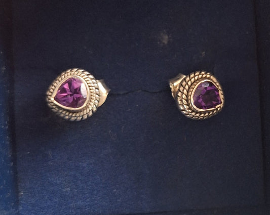 Beautiful Natural Heart/Tear Drop Shaped Purple Amethyst And 925 Sterling Silver Stud Earrings
