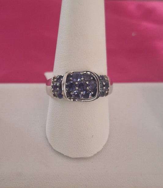 Lolite & Blue Diamond Buckle 925 Sterling Silver Ring