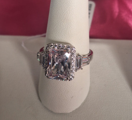 Rhodium Plated Sterling Silver Bypass Ring with a simulated diamond