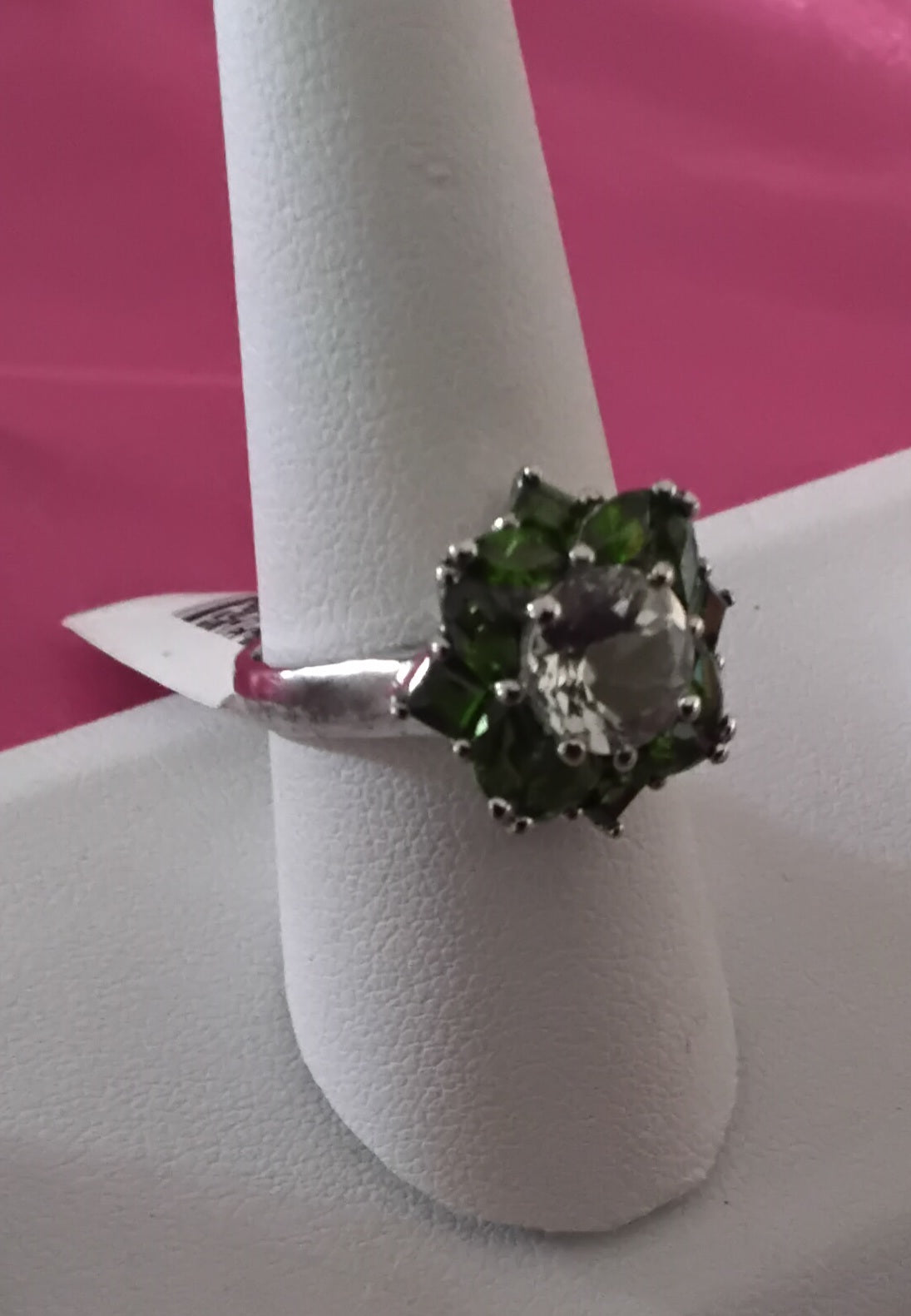A Sterling Silver Round Cut Prasiolite and Peridot Ring