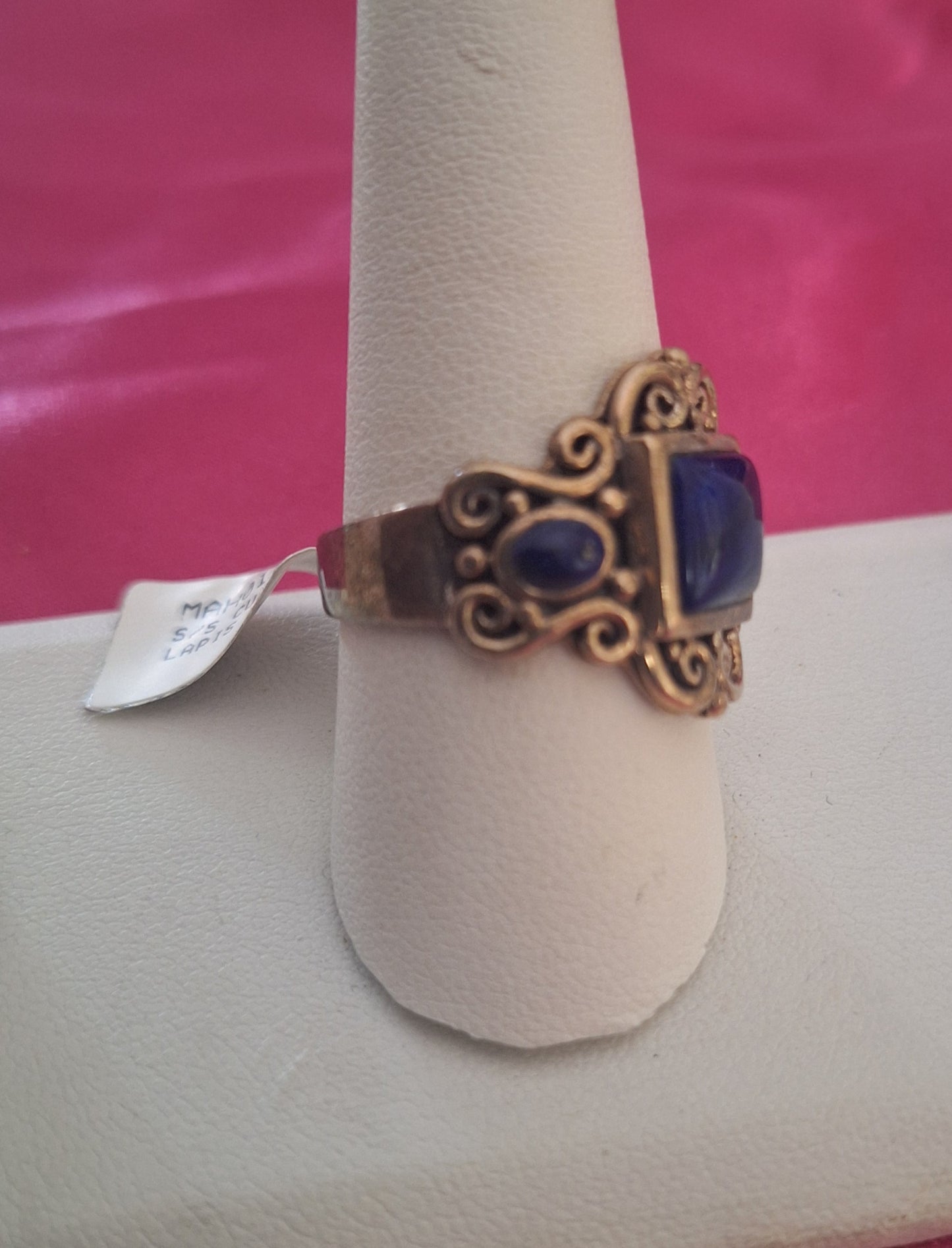 Lapis Lazuli metamorphic Semi-Precious Gemstone Ring 925 Sterling Silver Filigree Deep Blue