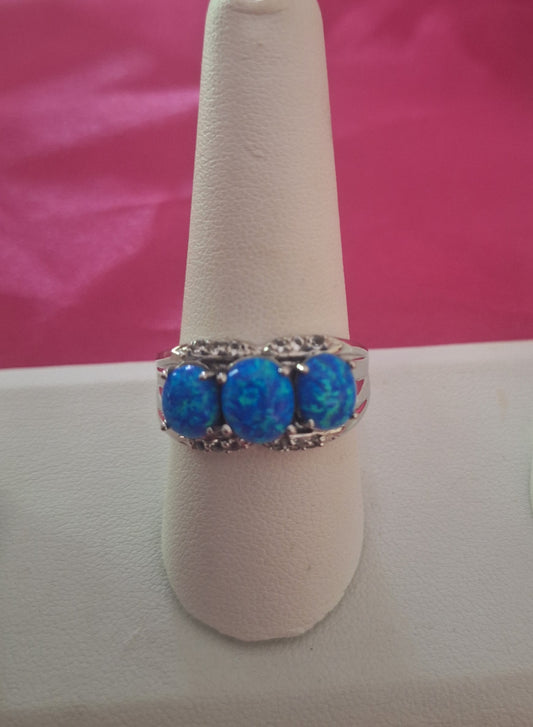 Sterling Silver Cubic Zirconia And Faux Blue Opal Ring