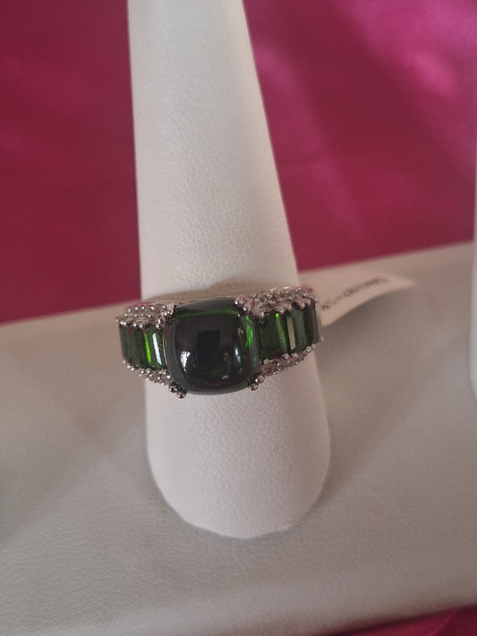 Chrome Diopside Cabochon and Zircon Ring size 9